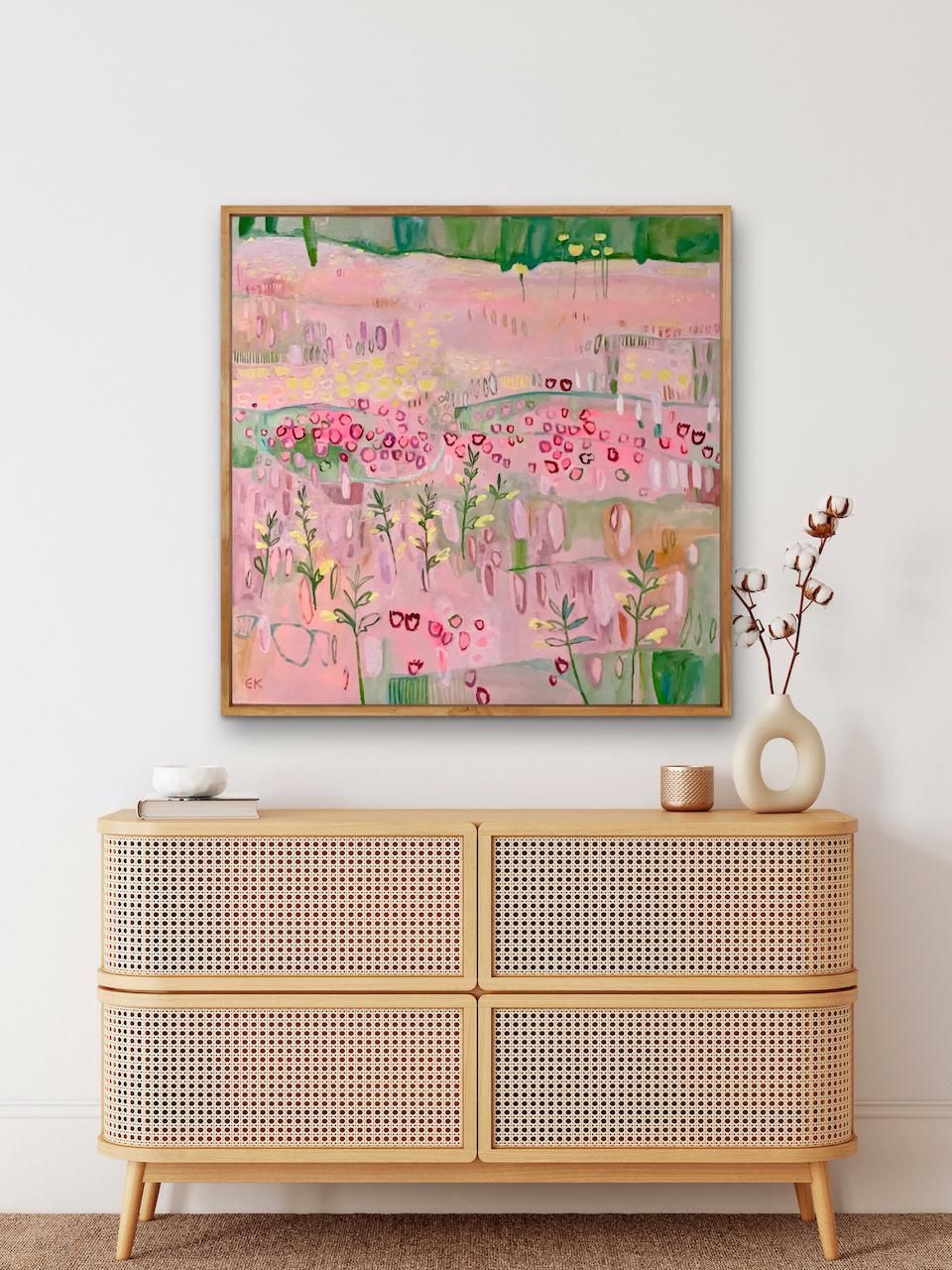 Red Clover and Yellow Rattle, Floral Landscape Painting, Bright Pink Artworks 1