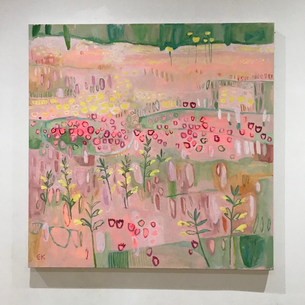 Red Clover and Yellow Rattle, Floral Landscape Painting, Bright Pink Artworks 2