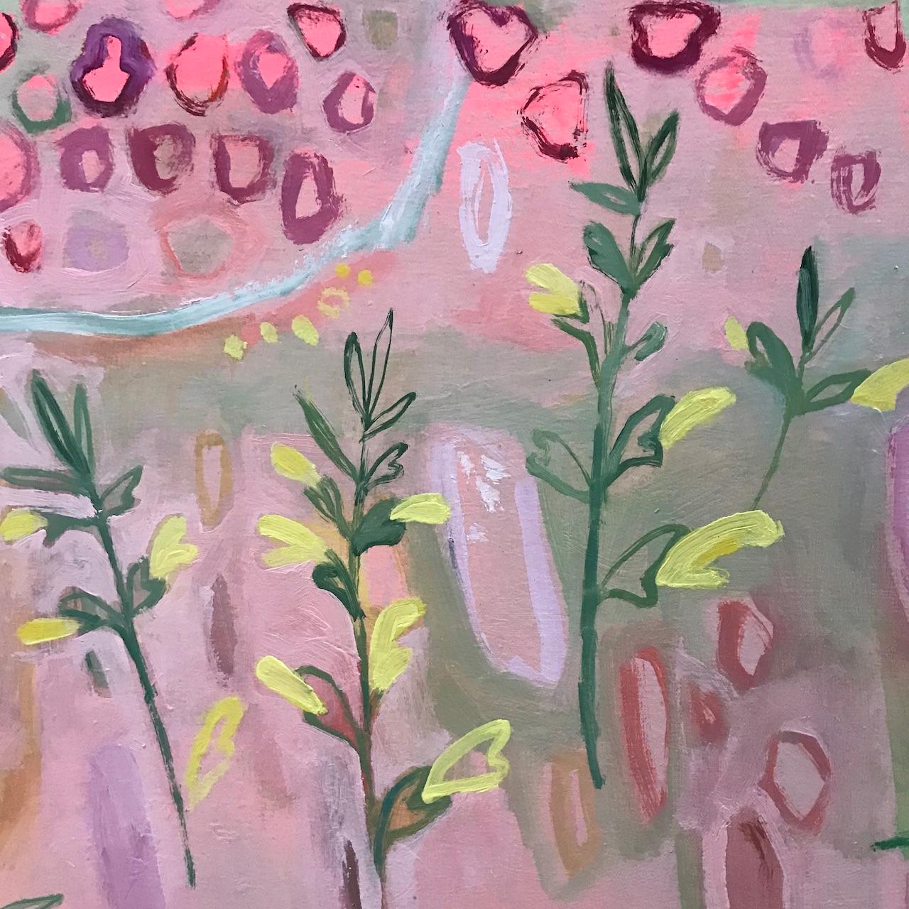 Red Clover and Yellow Rattle, Floral Landscape Painting, Bright Pink Artworks 5