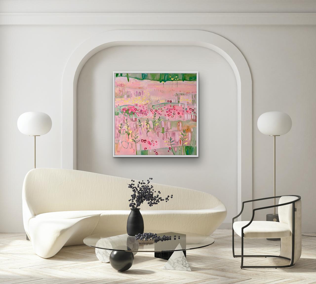 Red Clover and Yellow Rattle, Floral Landscape Painting, Bright Pink Artworks 8