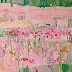 Red Clover and Yellow Rattle, Floral Landscape Painting, Bright Pink Artworks