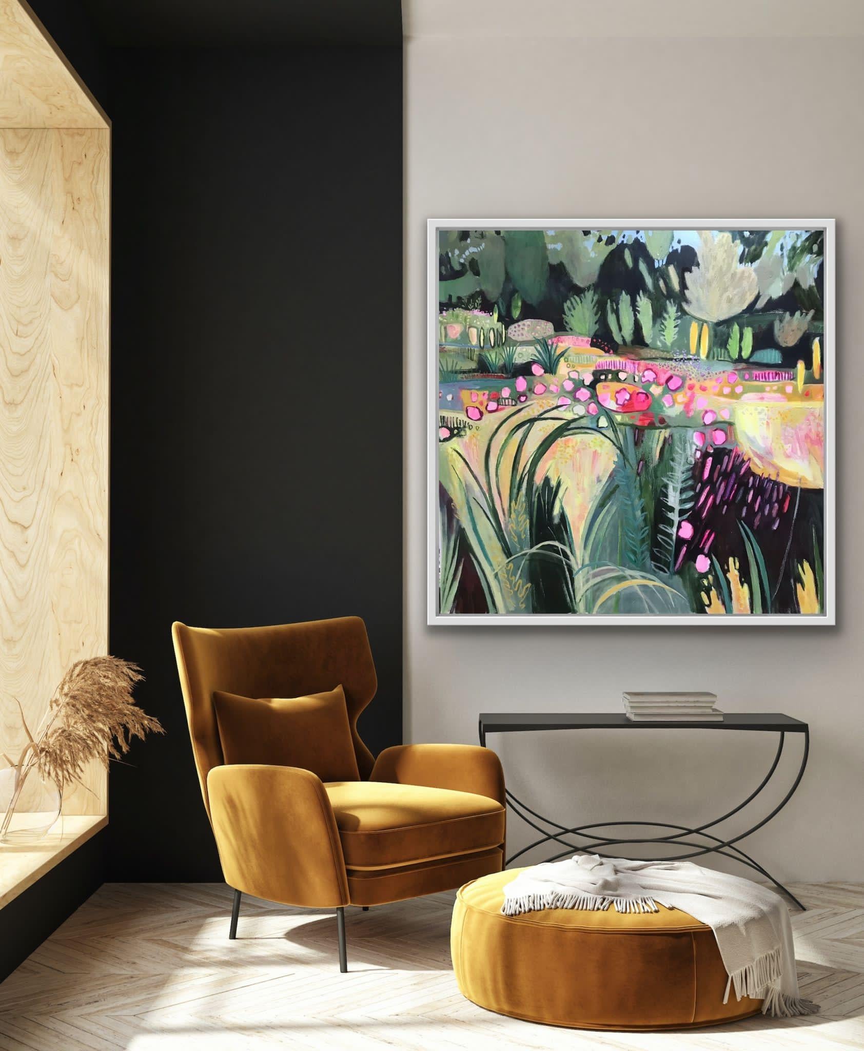 Bordure rouge chaude I, peinture florale semi-abstraite, Bright Art - Painting de Elaine Kazimierczuk