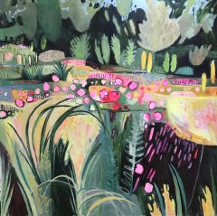 Rote heiße Bordüre I, Originalgemälde, halb abstraktes Blumengemälde, helle Kunst