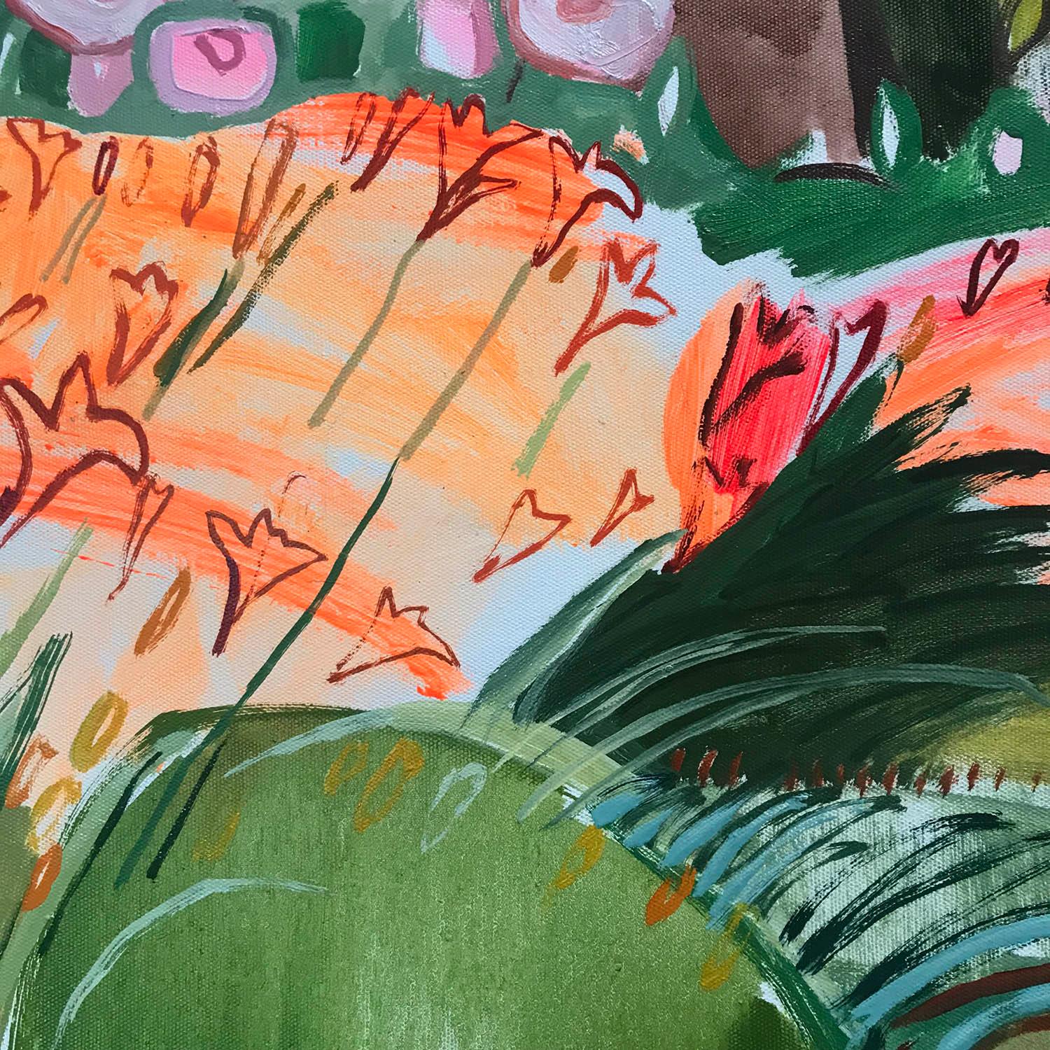 I have painted this scene several times because it is so rich and colourful and yet so restful. It’s a bank of day lilies and dog roses in the garden of a cottage belonging to a good friend. I love the drifts of bright oranges and pinks – so showy