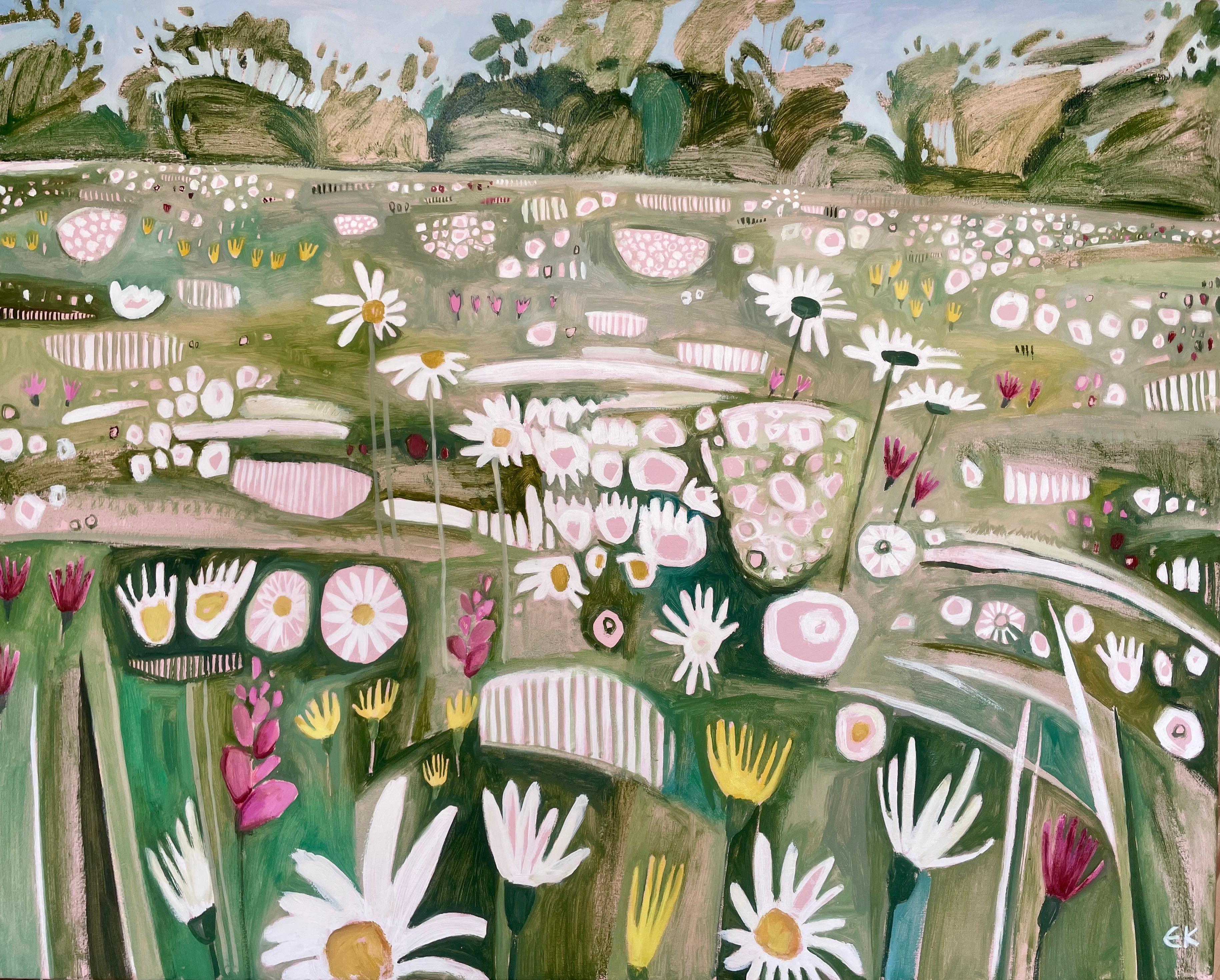 Ryewater 563, original painting, landscape meadow art green and pink elegant art