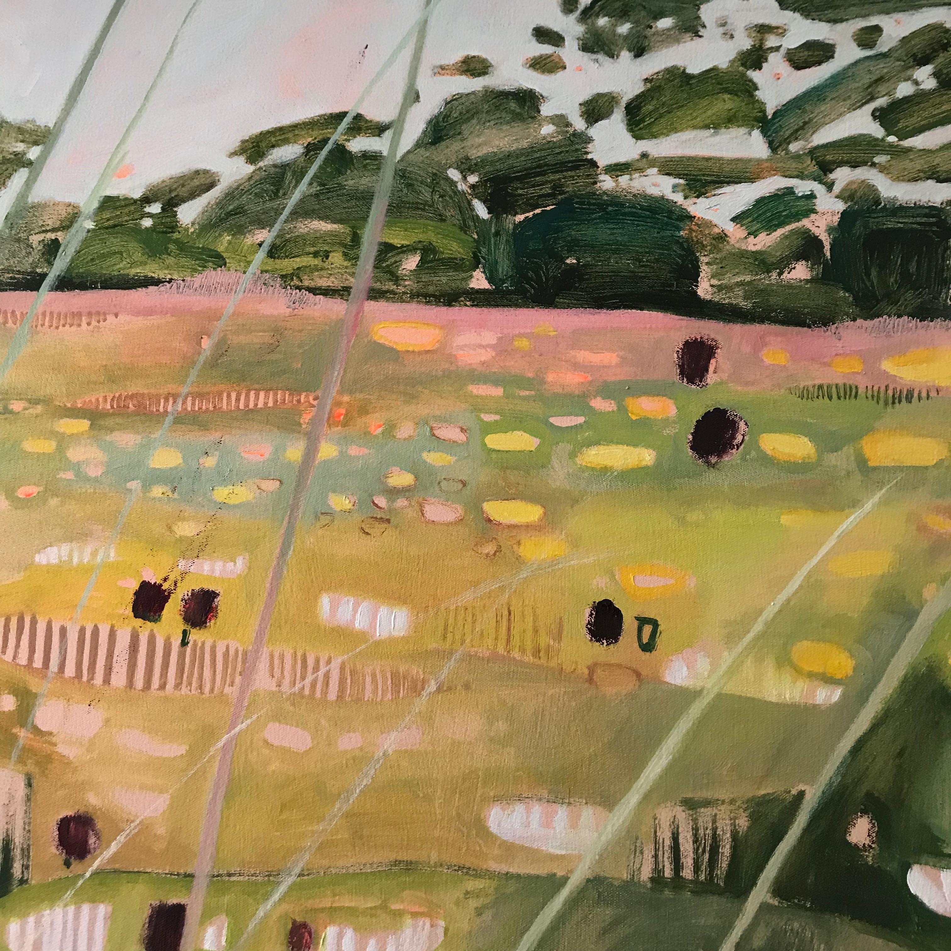 This work, painted in delicate summery pastel shades depicts a traditional wildflower meadow putting on its full summer show. Here are the colours of soft green grasses and the pretty pinks and yellows of the native wild flowers in this meadow.