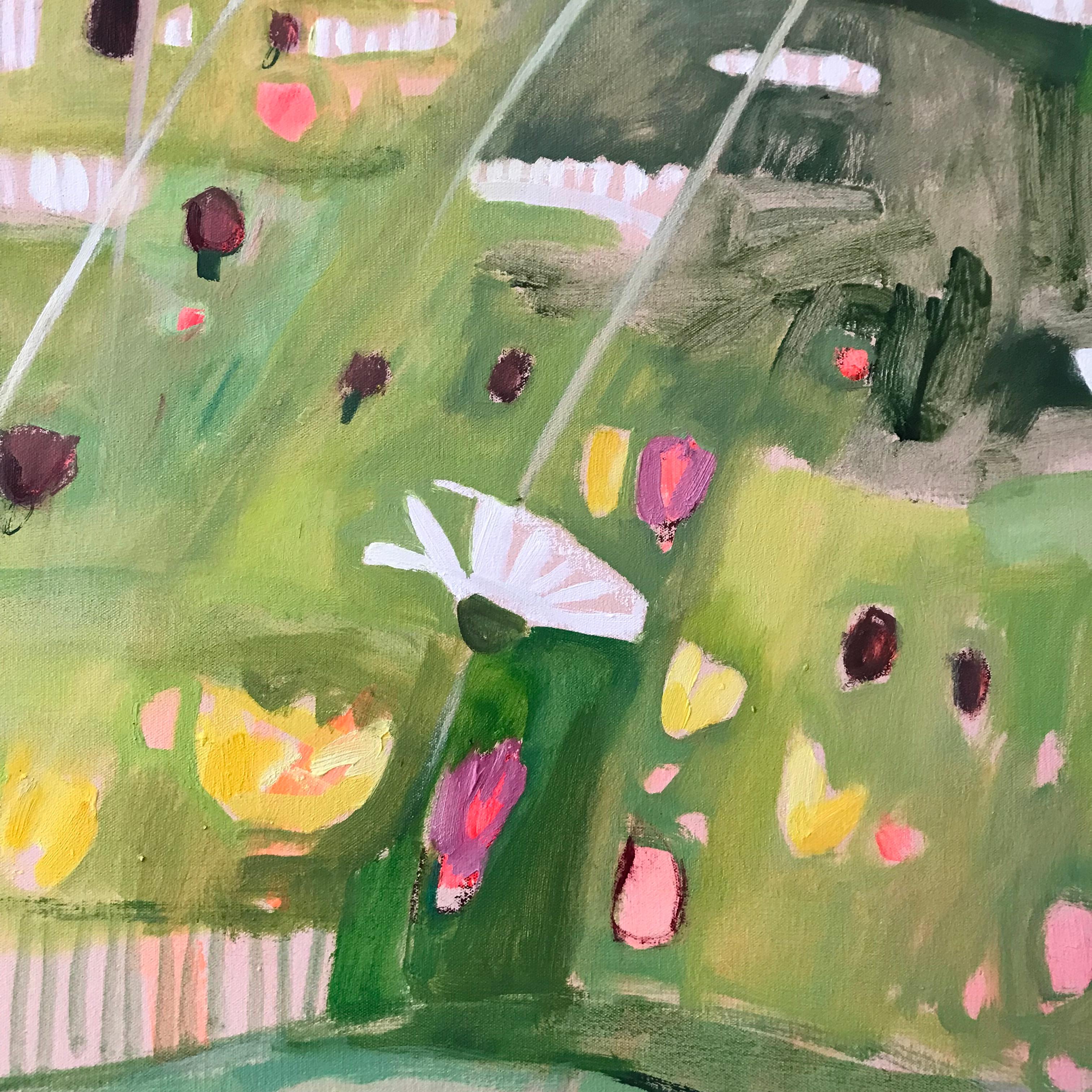 This work, painted in delicate summery pastel shades depicts a traditional wildflower meadow putting on its full summer show. Here are the colours of soft green grasses and the pretty pinks and yellows of the native wild flowers in this meadow.