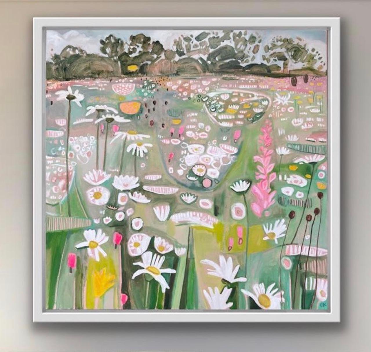 Díptico Granja Ryewater Panel izquierdo, Pintura original, Paisaje, Naturaleza, Flores - Abstract Painting Marrón de Elaine Kazimierczuk