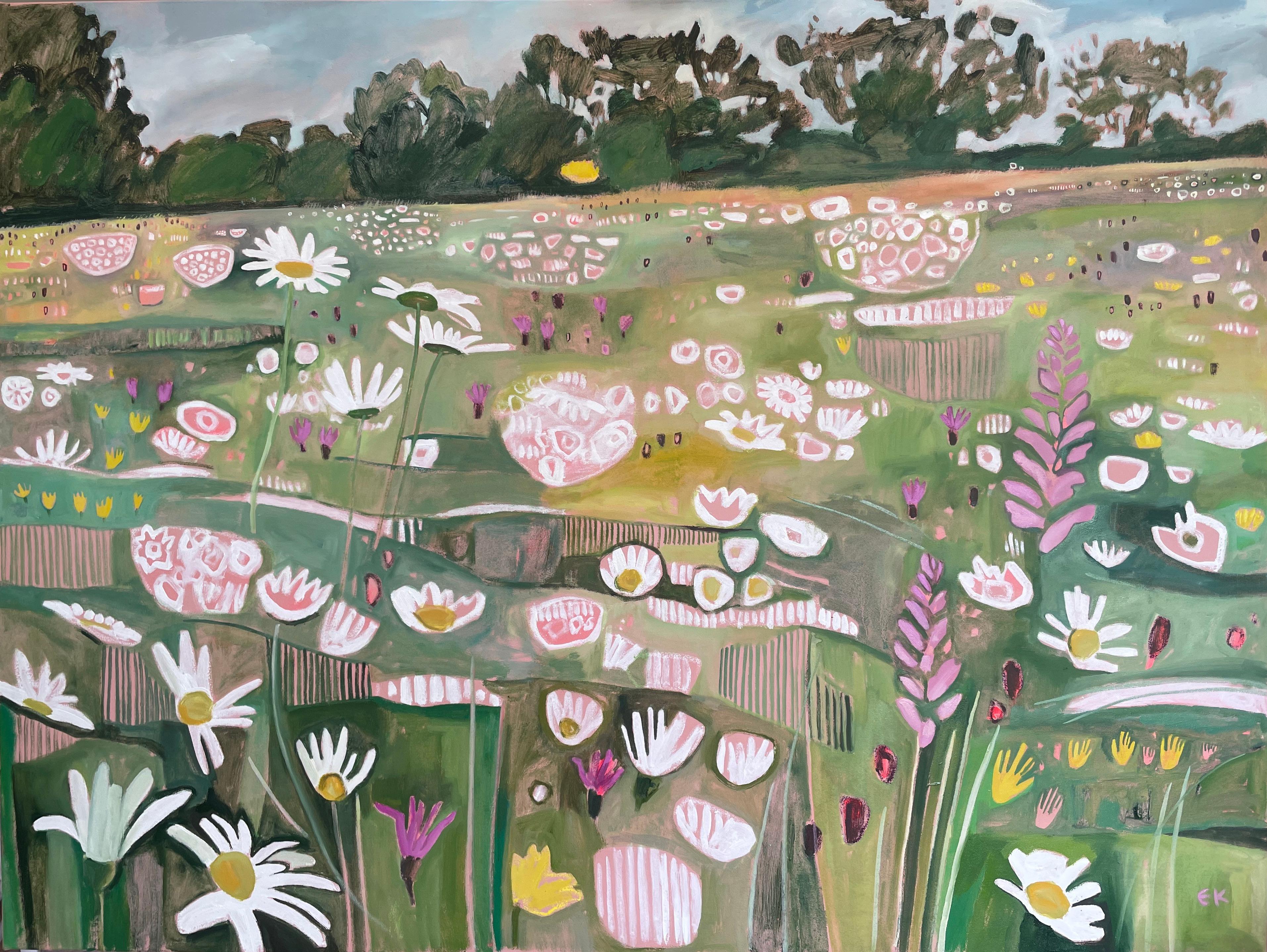 Granja Ryewater en pleno verano, Pintura original, Floral, Flores, Prados - Abstract Painting Gris de Elaine Kazimierczuk