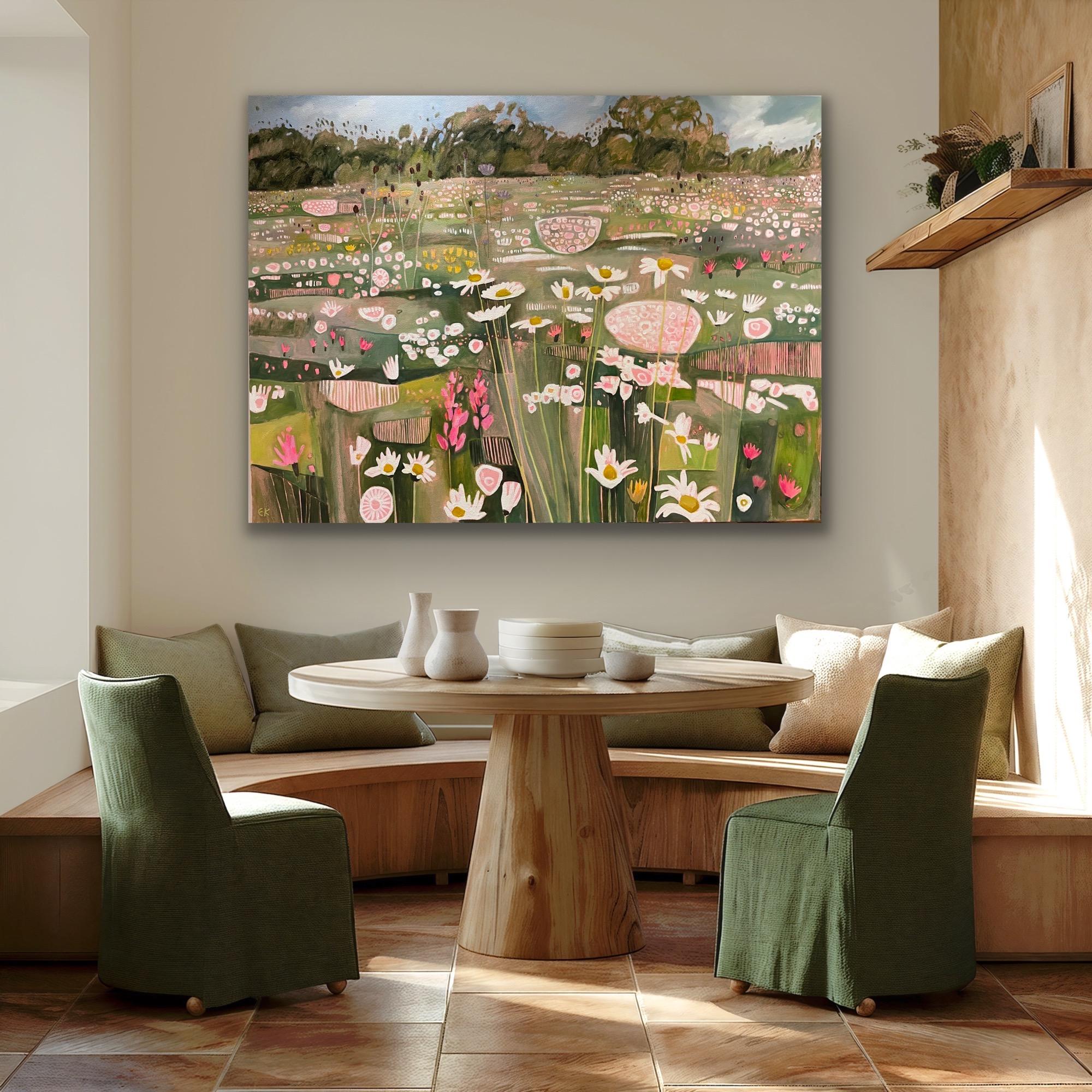 Cette œuvre représente une prairie traditionnelle de fleurs sauvages en pleine floraison. Les couleurs sont tirées du vert tendre de l'herbe des prés, de la marguerite blanche en abondance ainsi que des jolis roses et jaunes d'autres fleurs sauvages