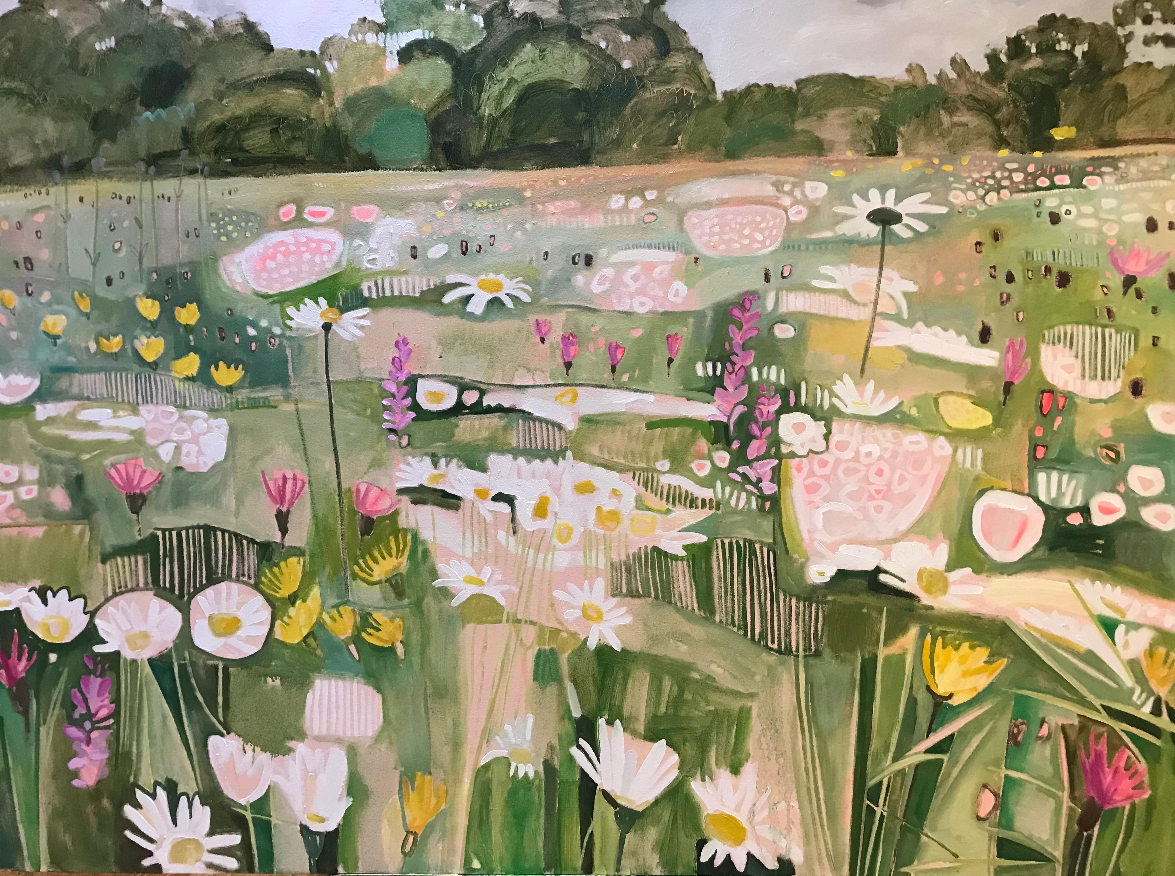 This is a lyrical work depicting a traditional wildflower meadow in full bloom in high summer. The pastel colours are drawn from soft green grasses and the pretty pinks and yellows of the native wild flowers in this meadow. Ryewater Farm, Dorset, is