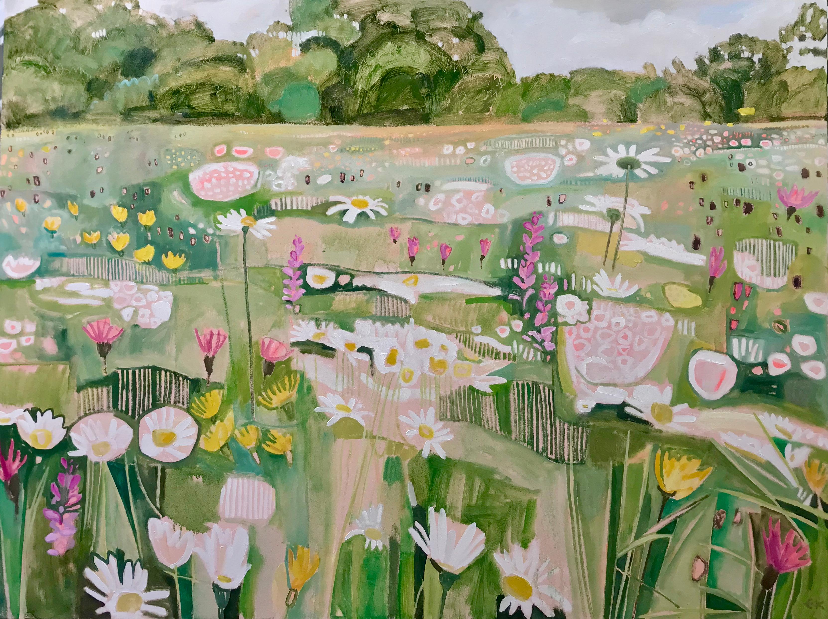 Elaine Kazimierczuk Abstract Painting - Ryewater Farm V, Dorset, Original painting, Floral Landscape Meadow art, Pastels