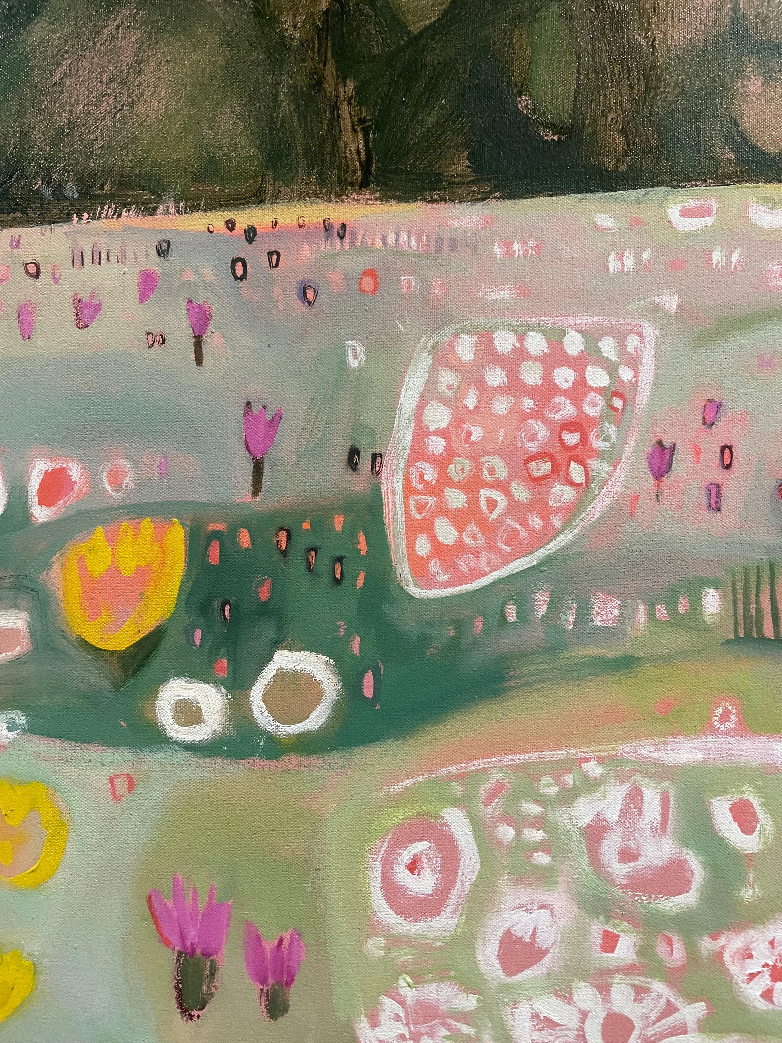 Ryewater in Full Flower, peinture originale, paysage, prairie, fleurs - Marron Abstract Painting par Elaine Kazimierczuk