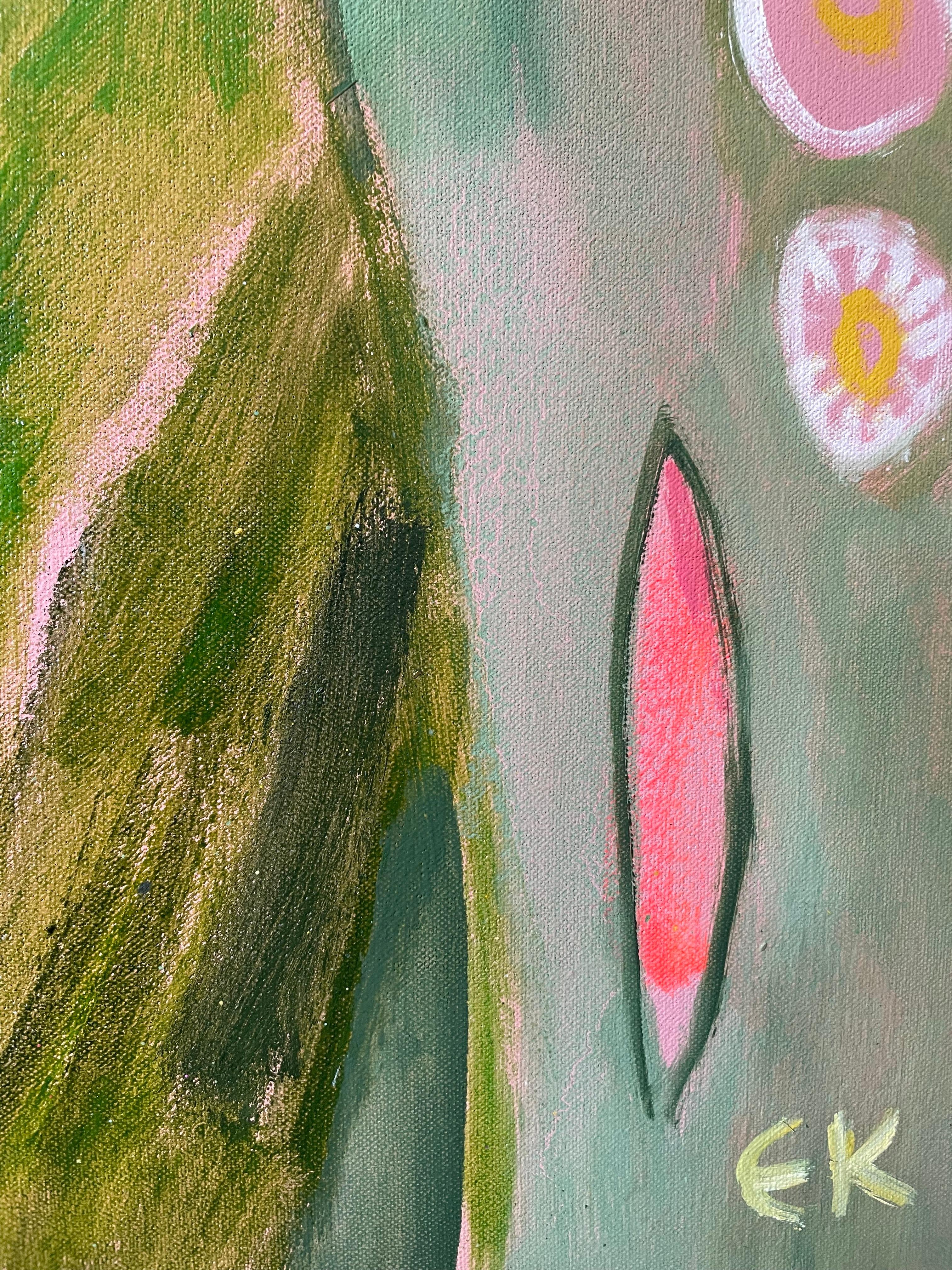 Cette peinture aux délicates teintes pastel estivales représente une prairie de fleurs sauvages traditionnelle en pleine floraison. Les couleurs sont tirées du vert tendre des herbes et des jolis roses et jaunes des fleurs sauvages indigènes de