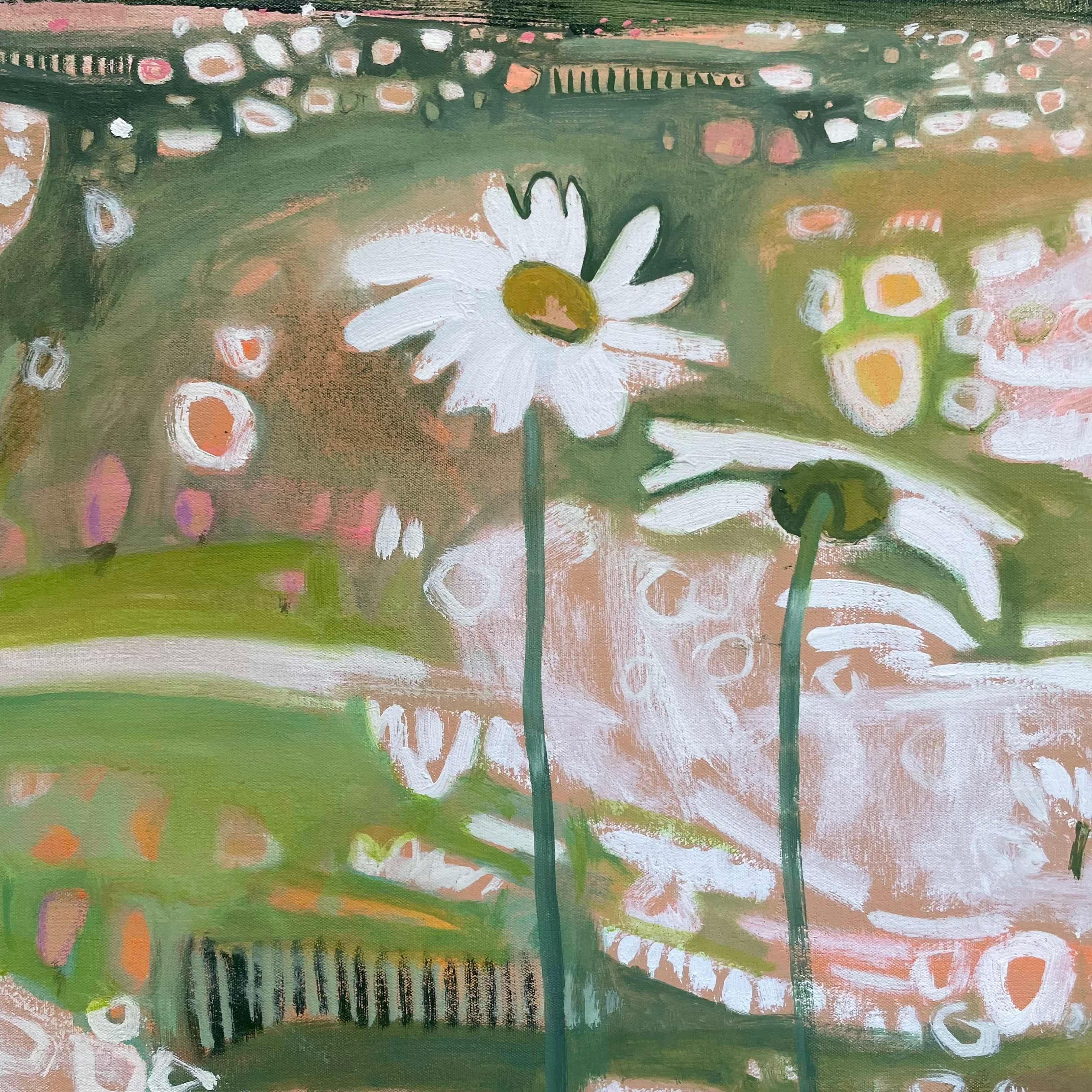 Die Farben stammen von den zartgrünen Wiesengräsern, den weißen Margeriten und den hübschen Rosa- und Gelbtönen der anderen einheimischen Wildblumen auf dieser Wiese. Die Ryewater Farm in Dorset ist Teil eines von der Wohltätigkeitsorganisation