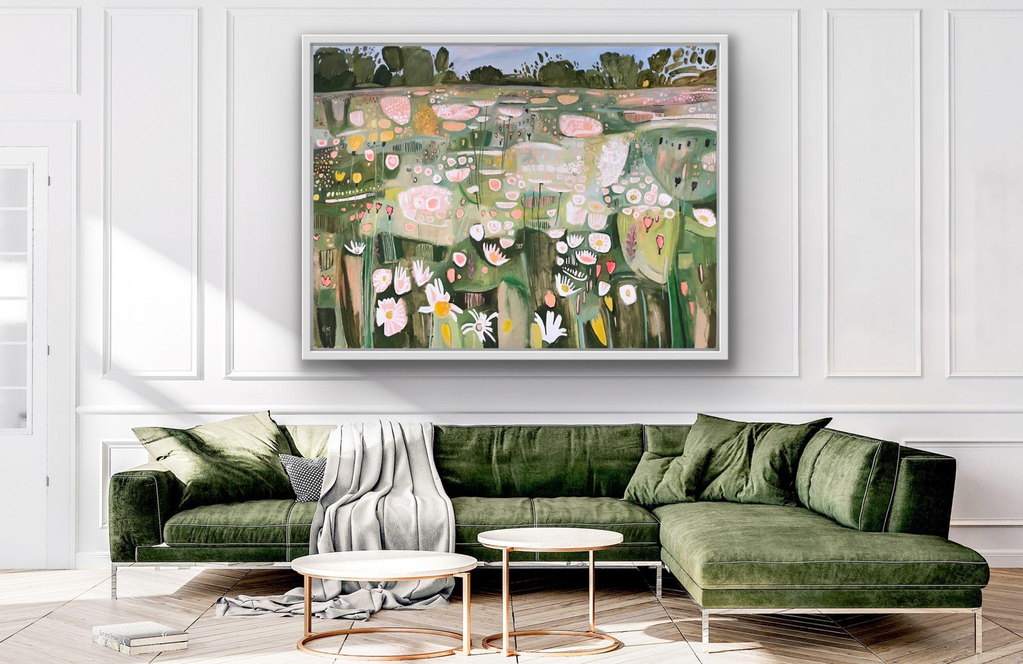 This painting in delicate summery pastel shades depicts a traditional wildflower meadow in full bloom. The colours are drawn from soft green grasses and the pretty pinks and yellows of the native wild flowers in this meadow. Ryewater Farm, Dorset,