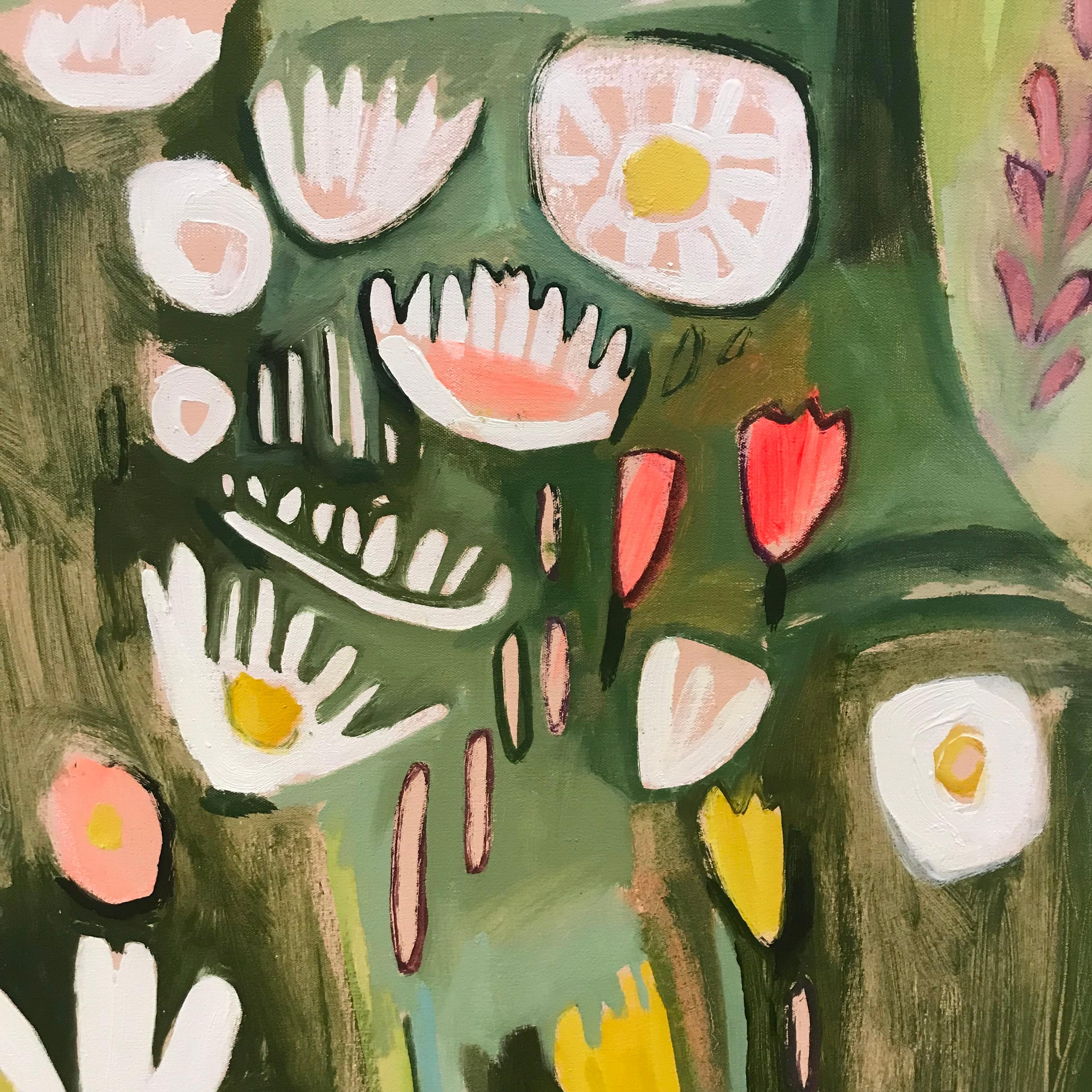 Dieses Gemälde in zarten, sommerlichen Pastelltönen stellt eine traditionelle Wildblumenwiese in voller Blüte dar. Die Farben stammen von den sanften grünen Gräsern und den hübschen Rosa- und Gelbtönen der einheimischen Wildblumen auf dieser Wiese.