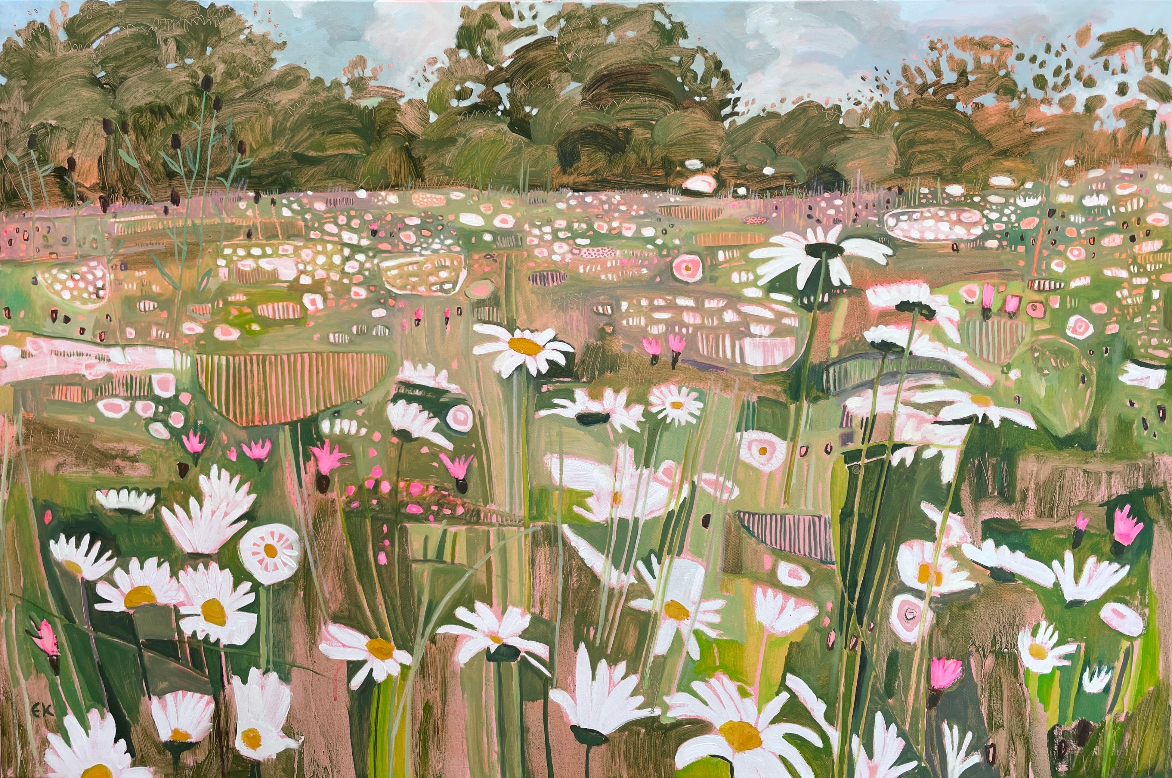 Ryewater avec marguerites et centaurées, peinture originale, paysage, contemporain