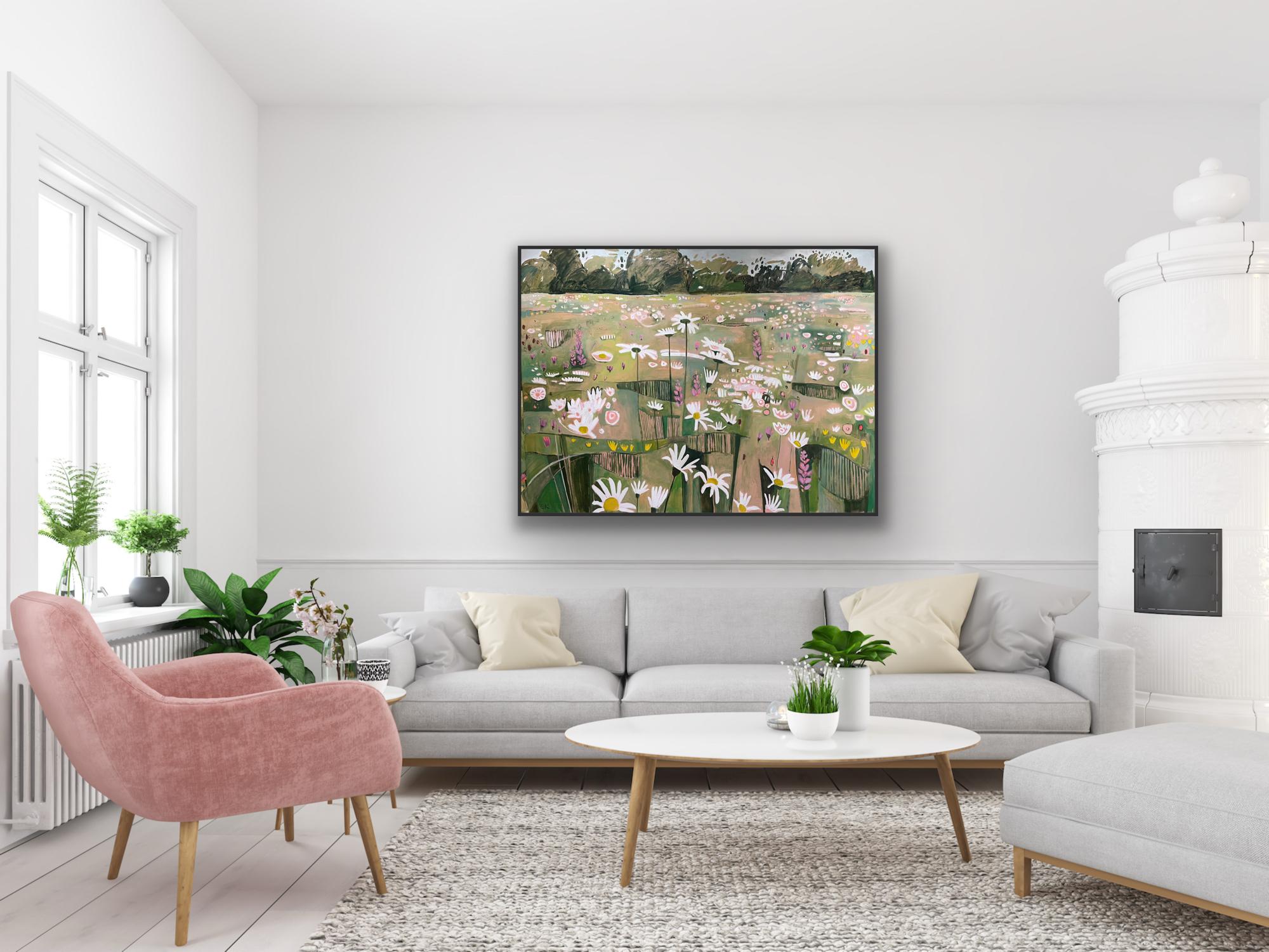 Ryewater with Daisies and Tall Grasses, original painting, landscape - Painting by Elaine Kazimierczuk