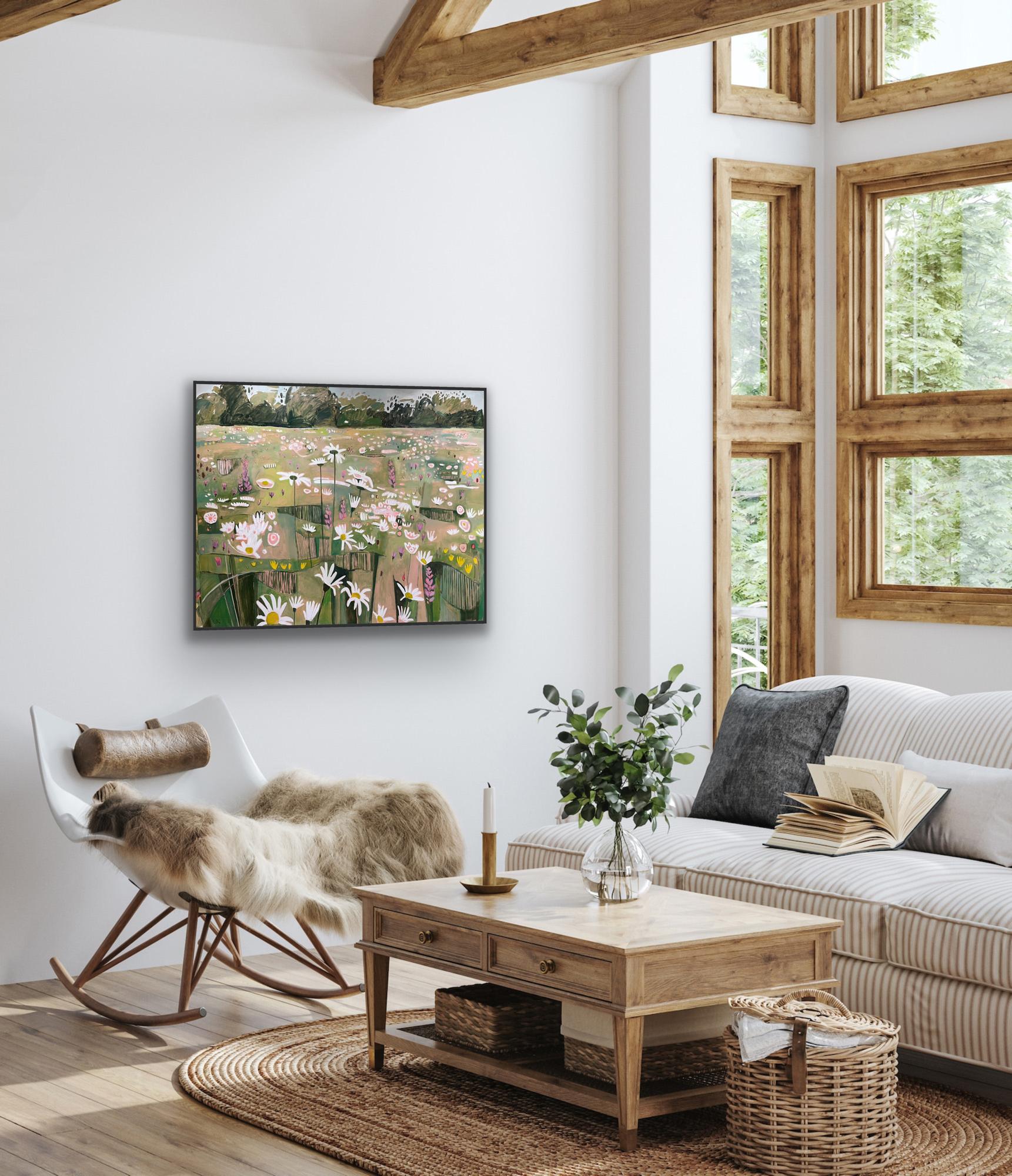 Ryewater with Daisies and Tall Grasses, original painting, landscape - Brown Landscape Painting by Elaine Kazimierczuk