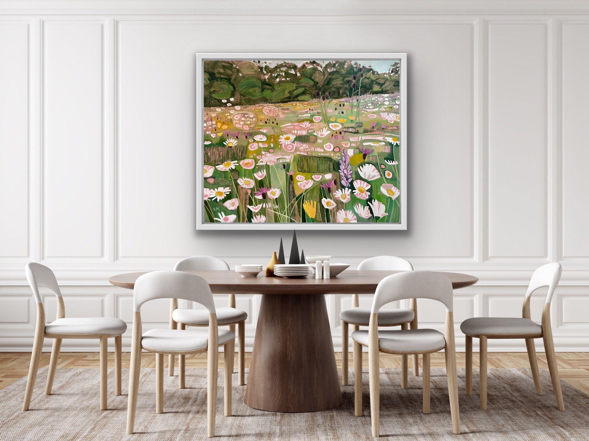 This painting in delicate summery pastel shades depicts a traditional wildflower meadow in full bloom. The colours are drawn from soft green grasses and the pretty pinks and yellows of the native wild flowers in this meadow. Ryewater Farm, Dorset,