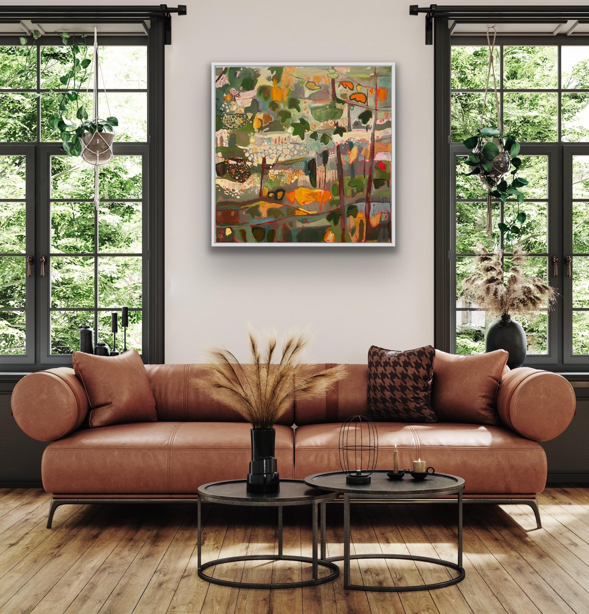 Suaves tonos otoñales en Bunny Wood nº 2, pintura original, paisaje - Painting Contemporáneo de Elaine Kazimierczuk