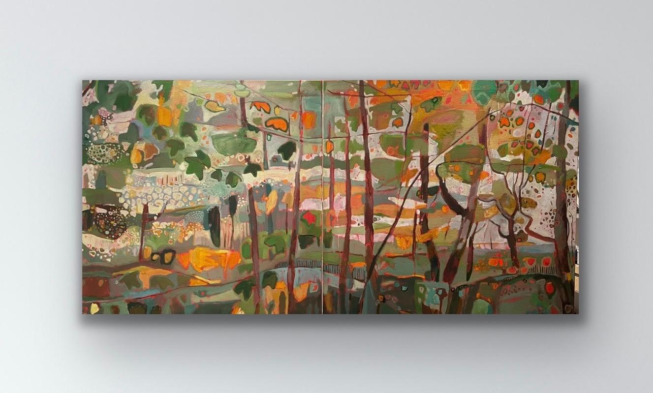 Soft Autumn Shades in Bunny Woods Diptychon (Tafeln 1 und 2) Originalgemälde im Angebot 1