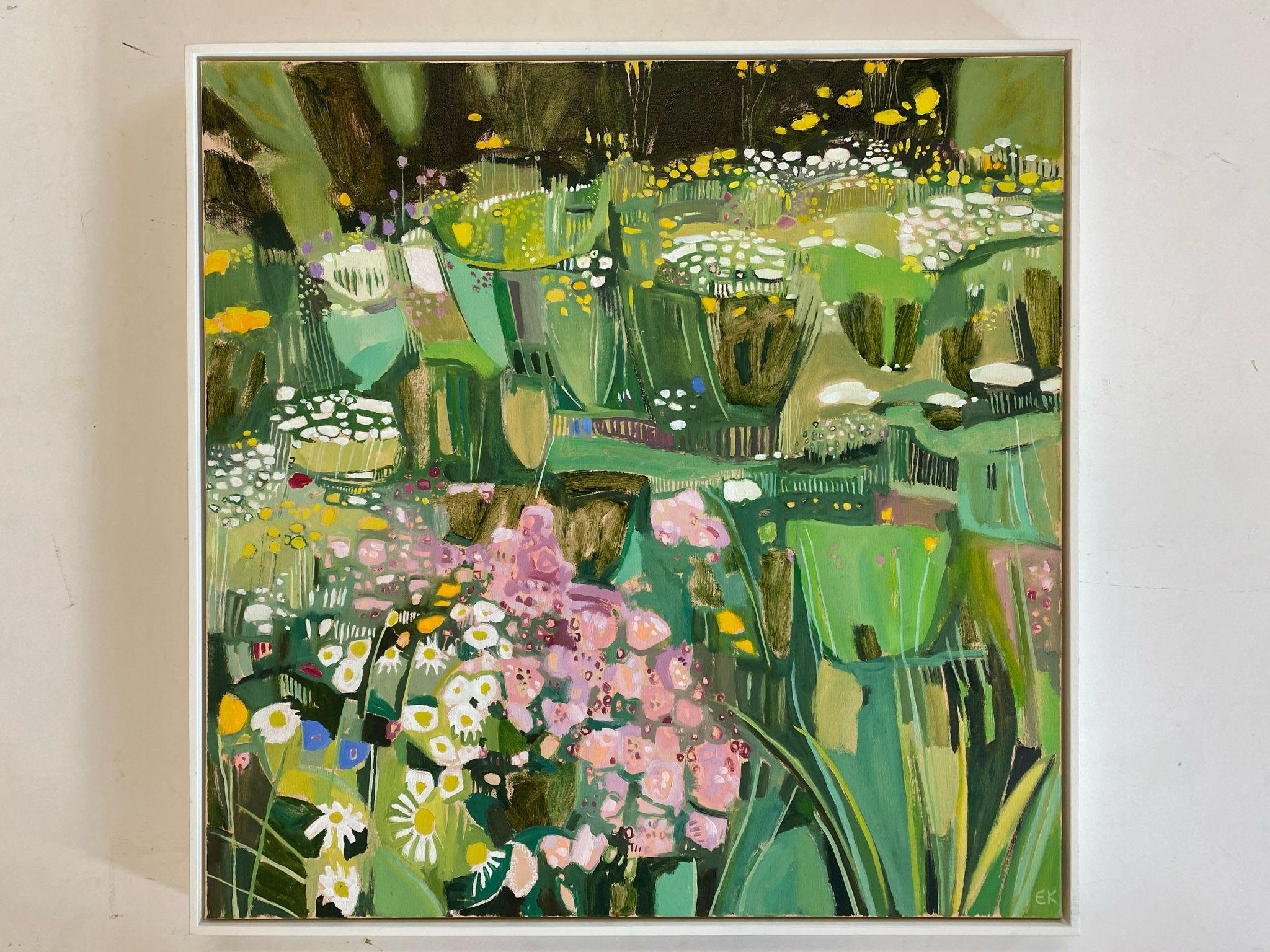Studio Garden with Oregano and Ox-Eye Daisies I, Original painting, Nature art - Contemporary Painting by Elaine Kazimierczuk