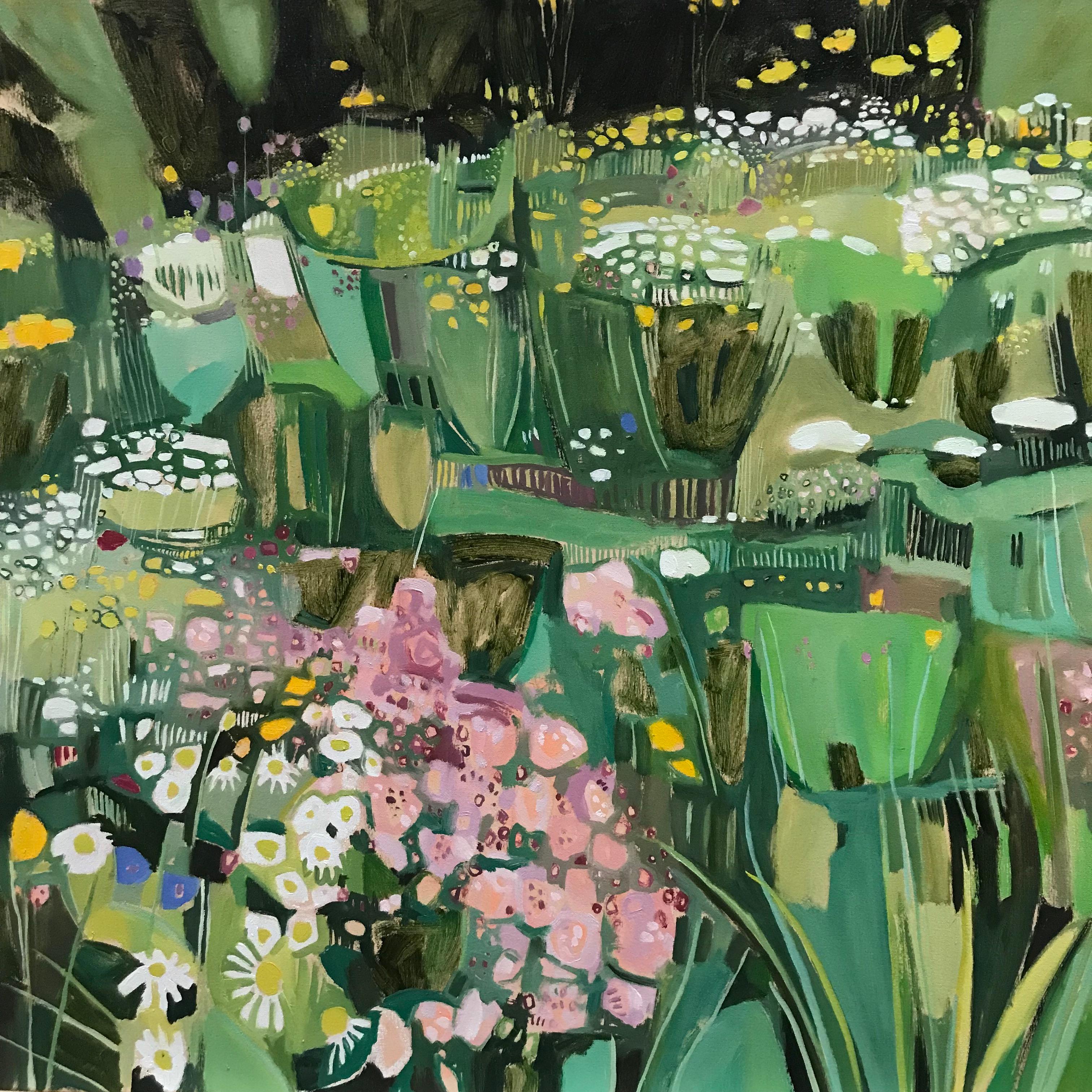 Elaine Kazimierczuk Landscape Painting - Studio Garden with Oregano and Ox-Eye Daisies I, Original painting, Nature art