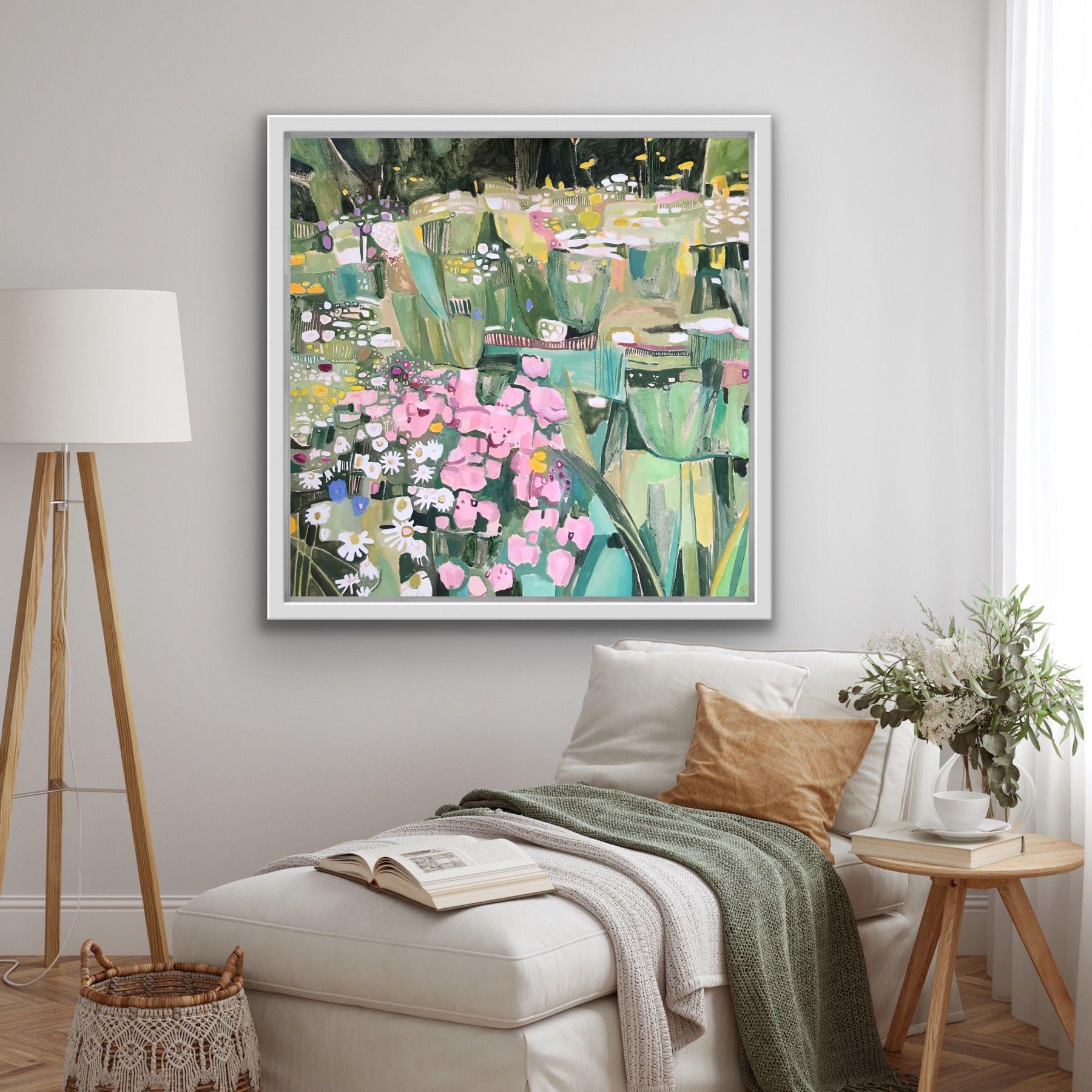 Studio Garden with Oregano and Ox-Eye Daisies II, Landscape, Floral, Meadows - Painting by Elaine Kazimierczuk