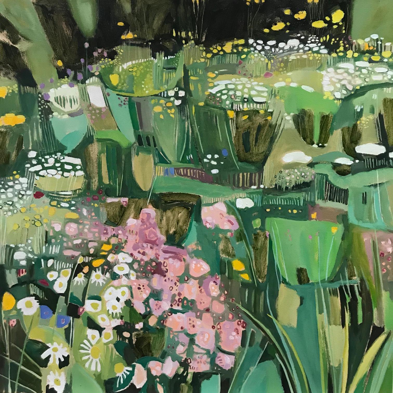 Studio A Contemporary Garden with Oregano and Ox-eye Daisies, peinture originale, contemporaine - Contemporain Painting par Elaine Kazimierczuk