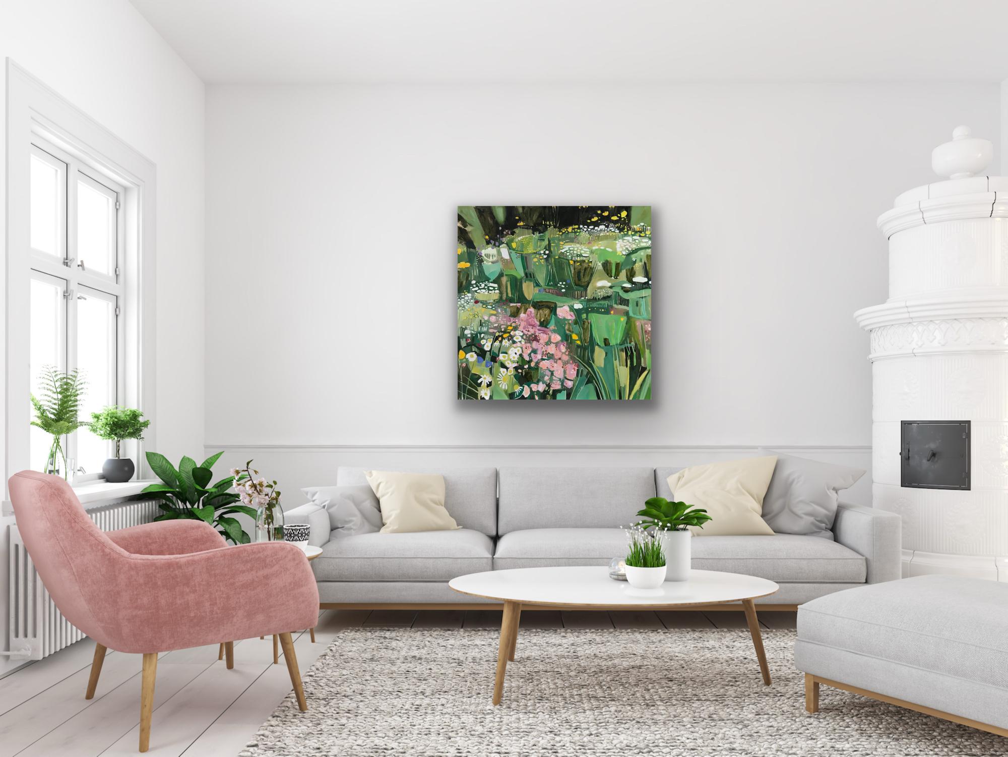 Mon jardin à l'avant de mon Studio, semé de graines de fleurs sauvages. Les plantes à fleurs et les graminées sont indigènes aux Cotswolds, ainsi que d'autres espèces des années précédentes. L'œuvre utilise des tons pastel doux de rose, de bleuet et