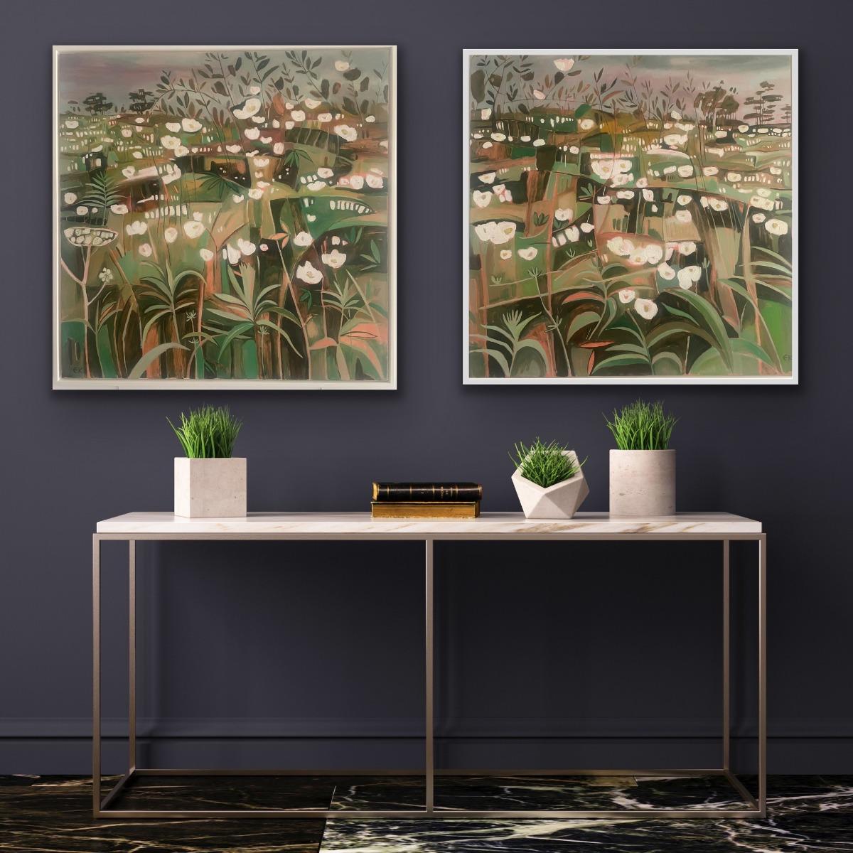 Summer Hedgerow with Brambles and Dog Roses diptych - Original, Abstract For Sale 2
