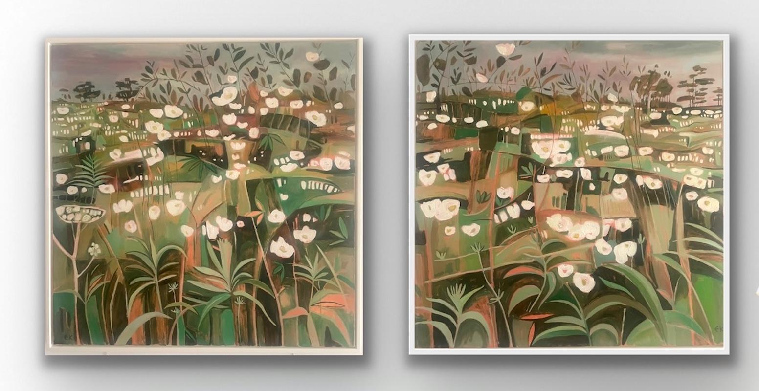 Summer Hedgerow with Brambles and Dog Roses diptych - Original, Abstract