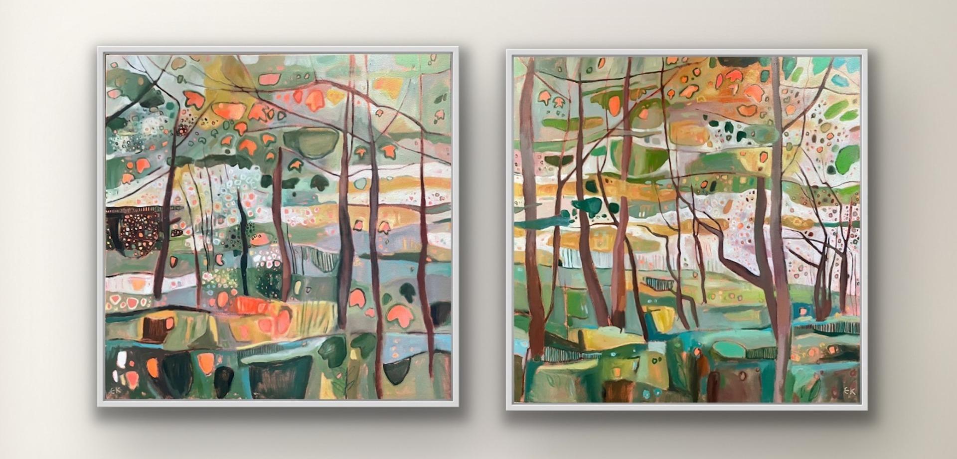 Landscape Painting de Elaine Kazimierczuk - Díptico Bunny Woods in Bright Sunshine- Original, Abstracto
