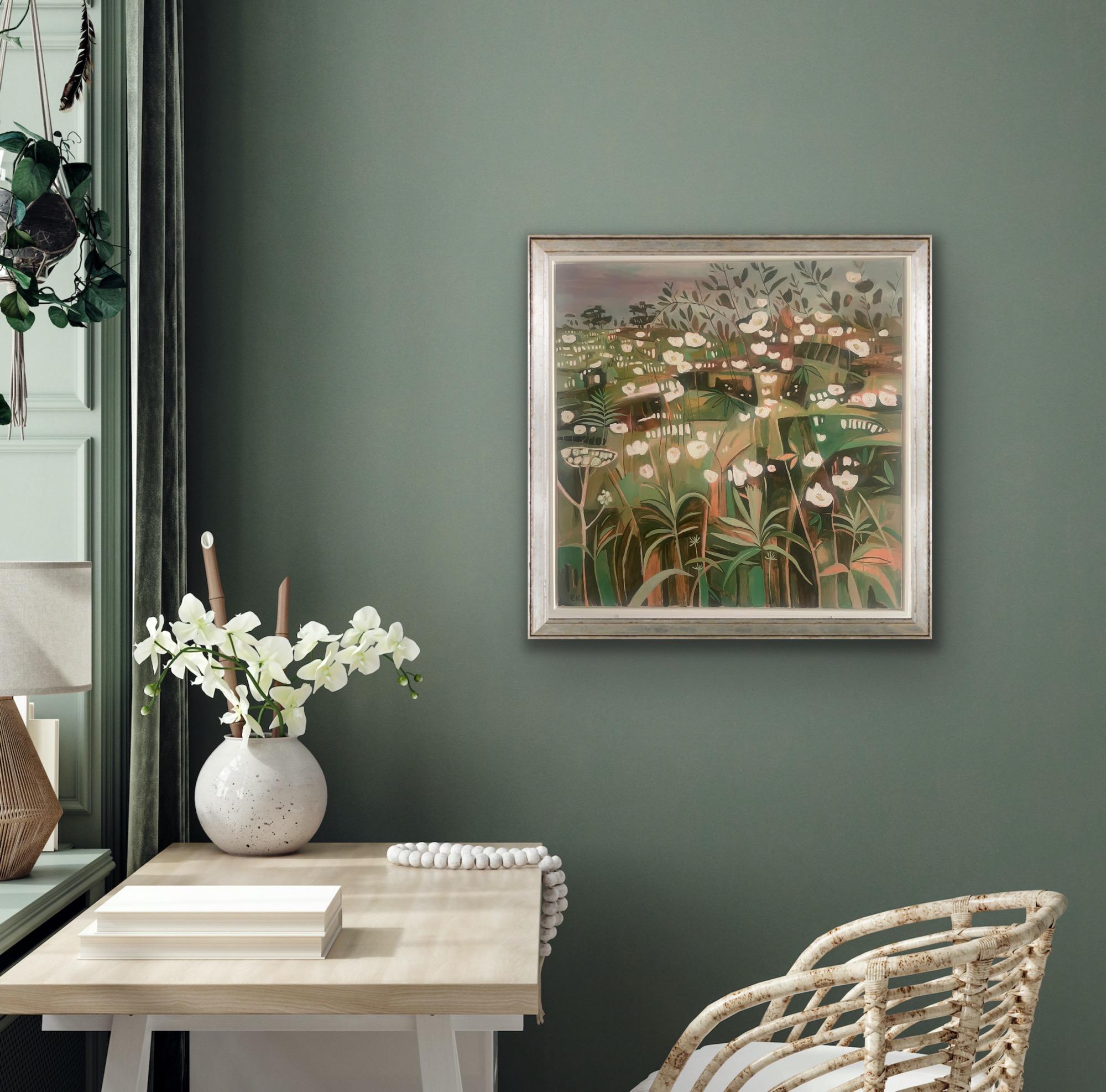 Summer Hedgerow with Brambles and Dog Roses left panel - Original, Abstract - Contemporary Painting by Elaine Kazimierczuk