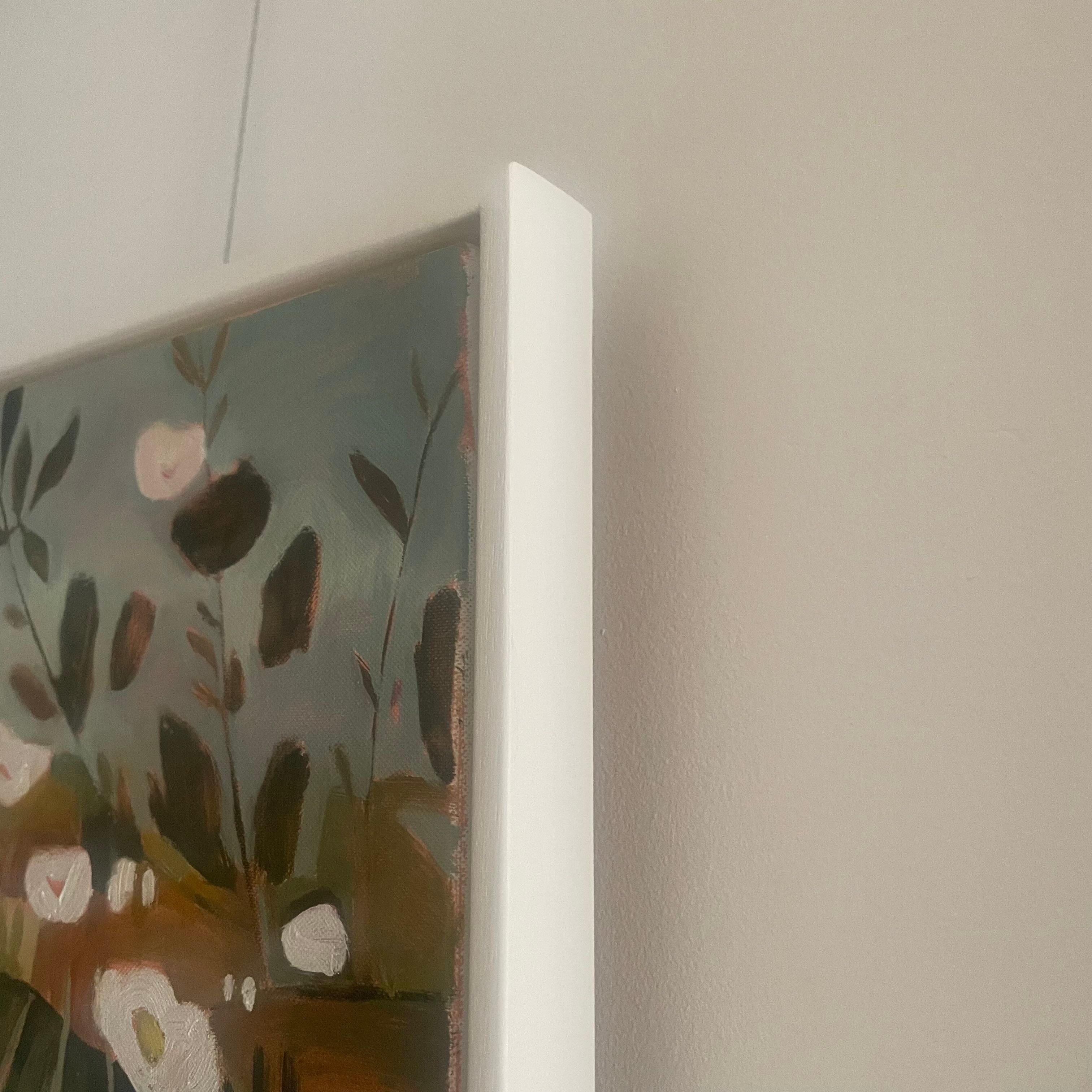 Summer Hedgerow with Brambles and Dog Roses left panel - Original, Abstract - Brown Landscape Painting by Elaine Kazimierczuk