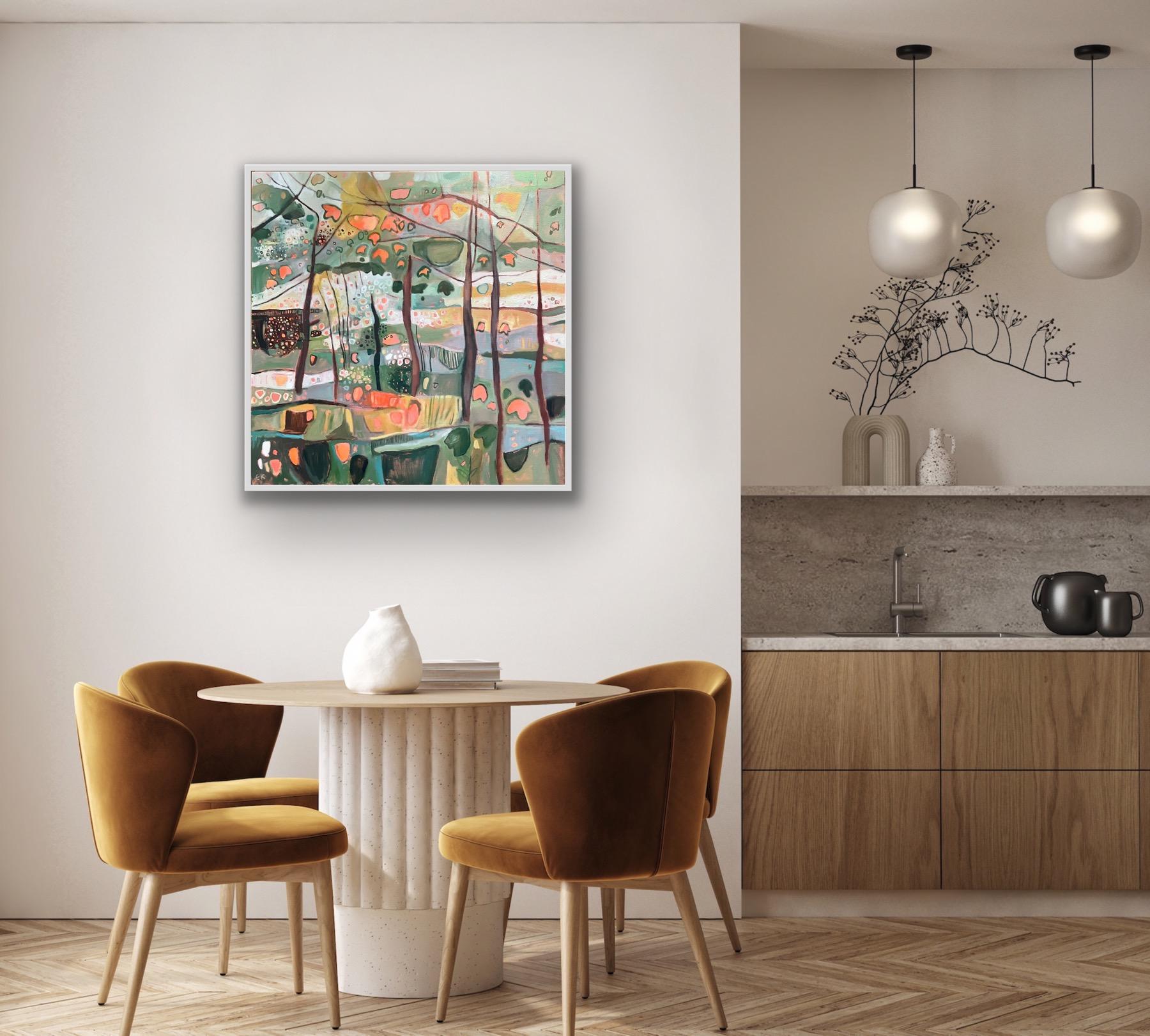 Panneau gauche Bunny Woods in Bright Sunshine originale, abstrait - Marron Landscape Painting par Elaine Kazimierczuk