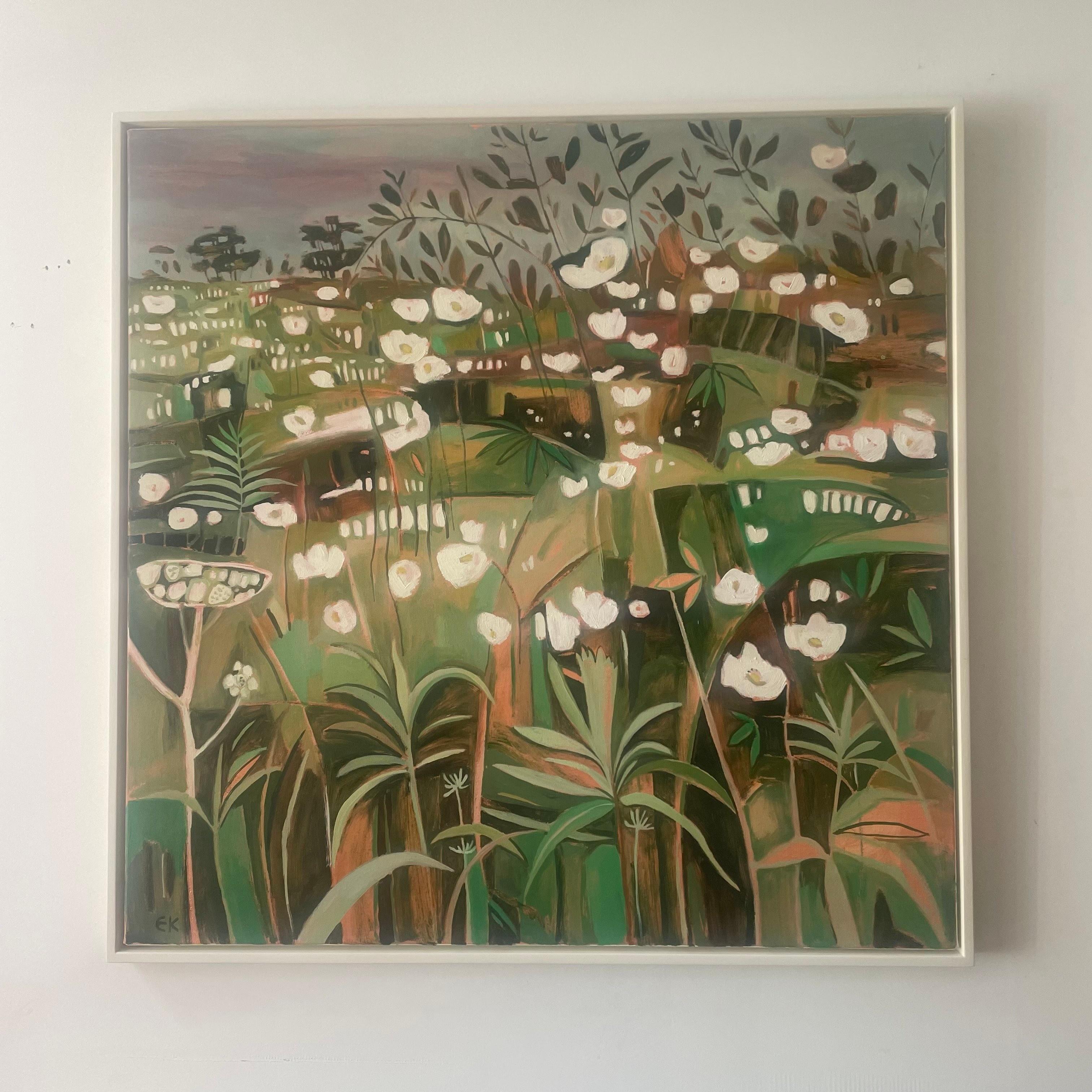 This work depicts a summer hedgerow crowded with blossom – the palest of pink flowers of wild roses, often called dog roses. Their prettiness is matched by their delicate fragrance – which you can get a sense of as your eye wanders over the