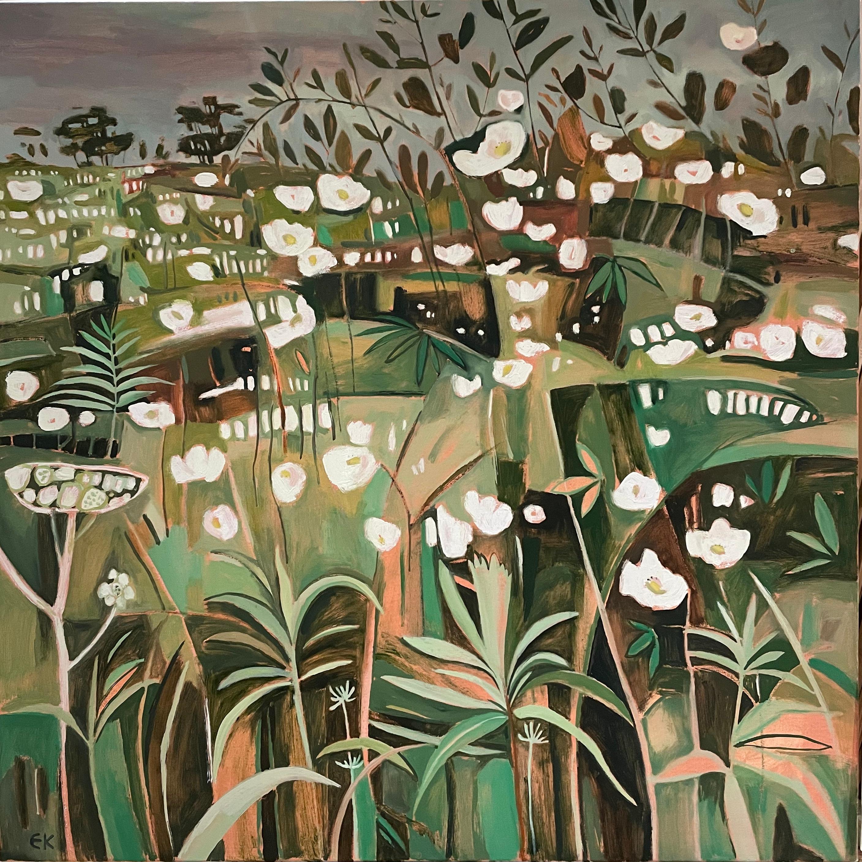 Elaine Kazimierczuk Landscape Painting - Summer Hedgerow with Brambles and Dog Roses left panel - Original, Abstract