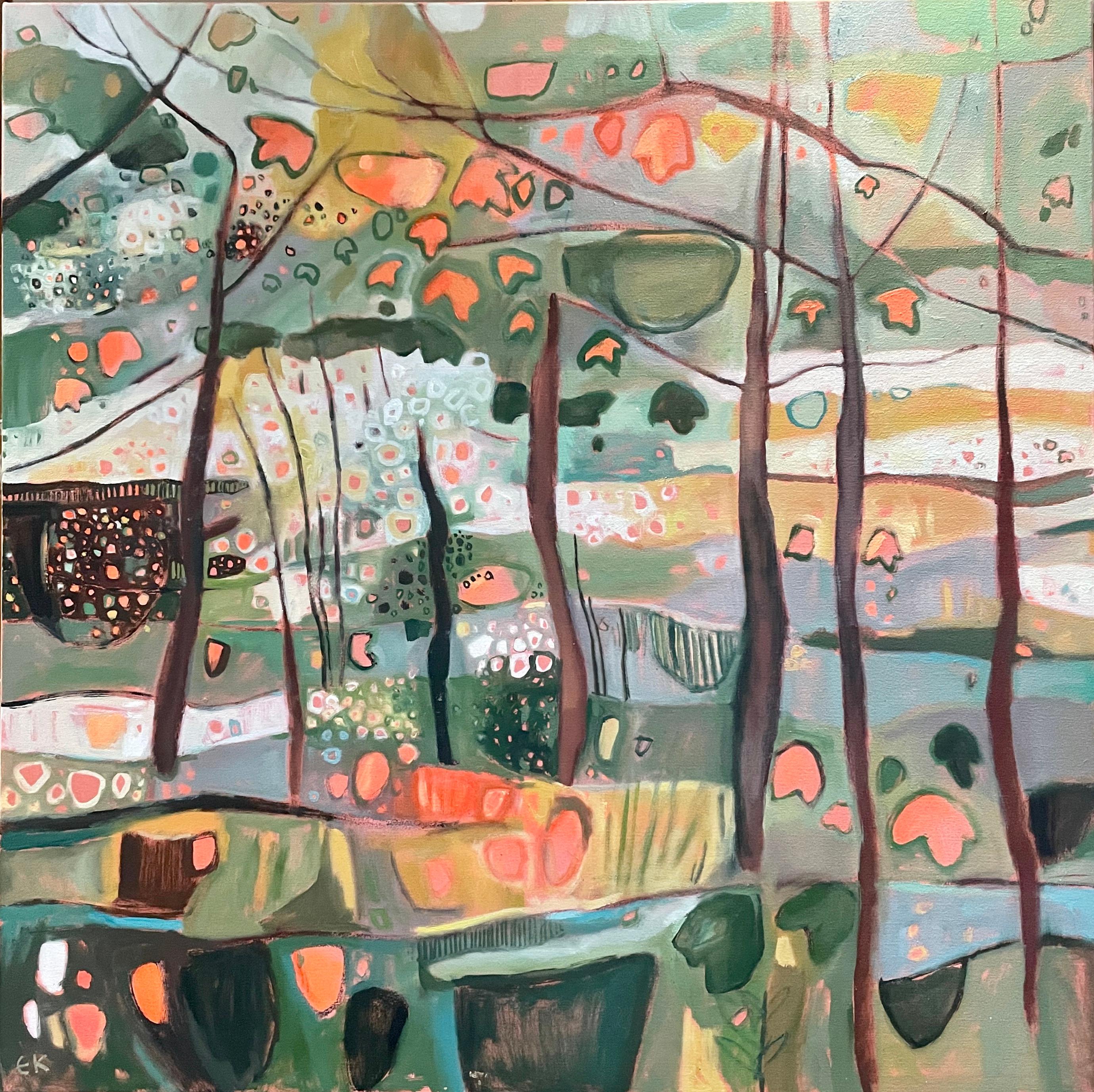 Landscape Painting Elaine Kazimierczuk - Panneau gauche Bunny Woods in Bright Sunshine originale, abstrait