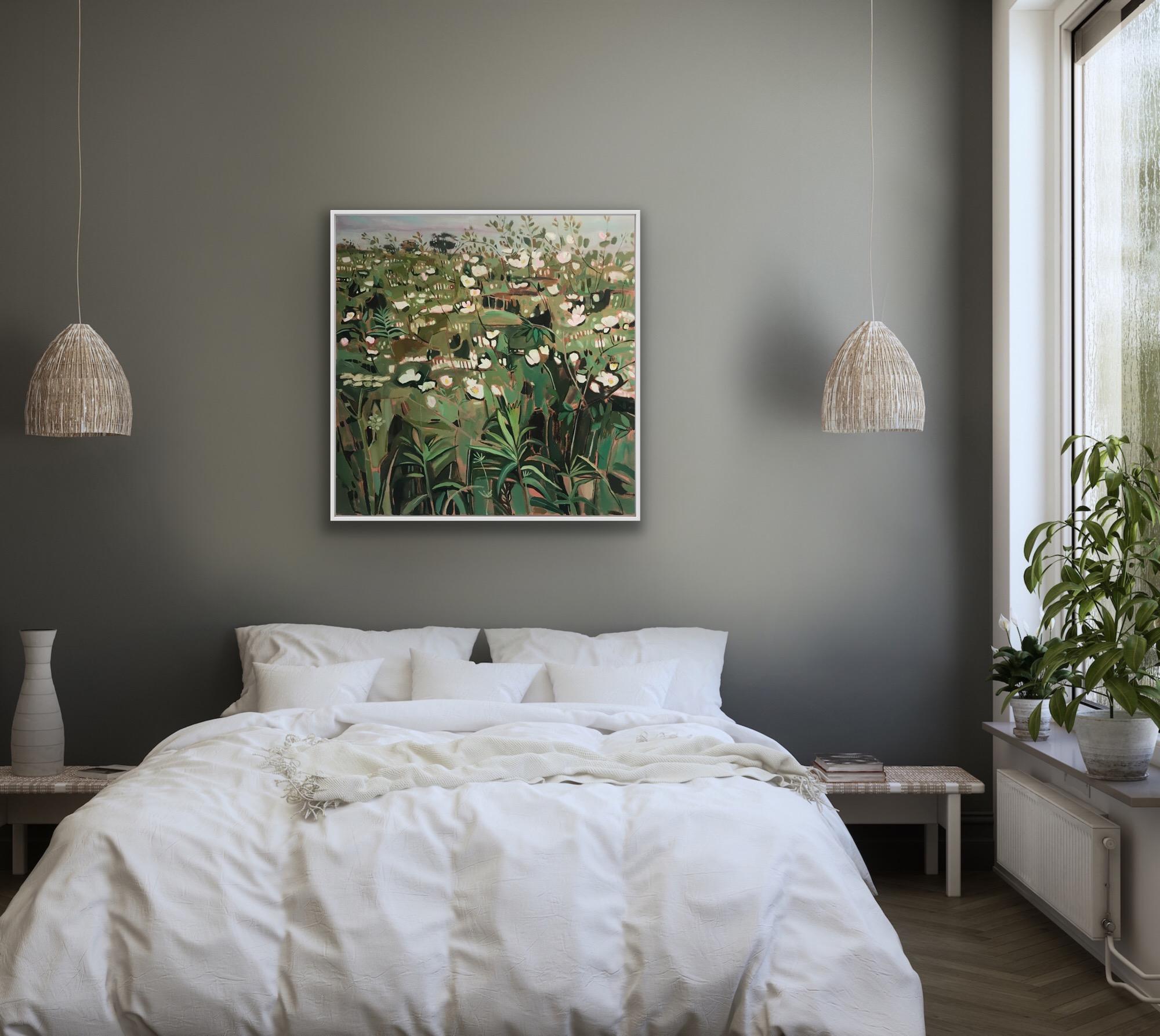 Hedgerow with Dog Roses 1, prairie florale, art abstrait, peinture originale en vente 7