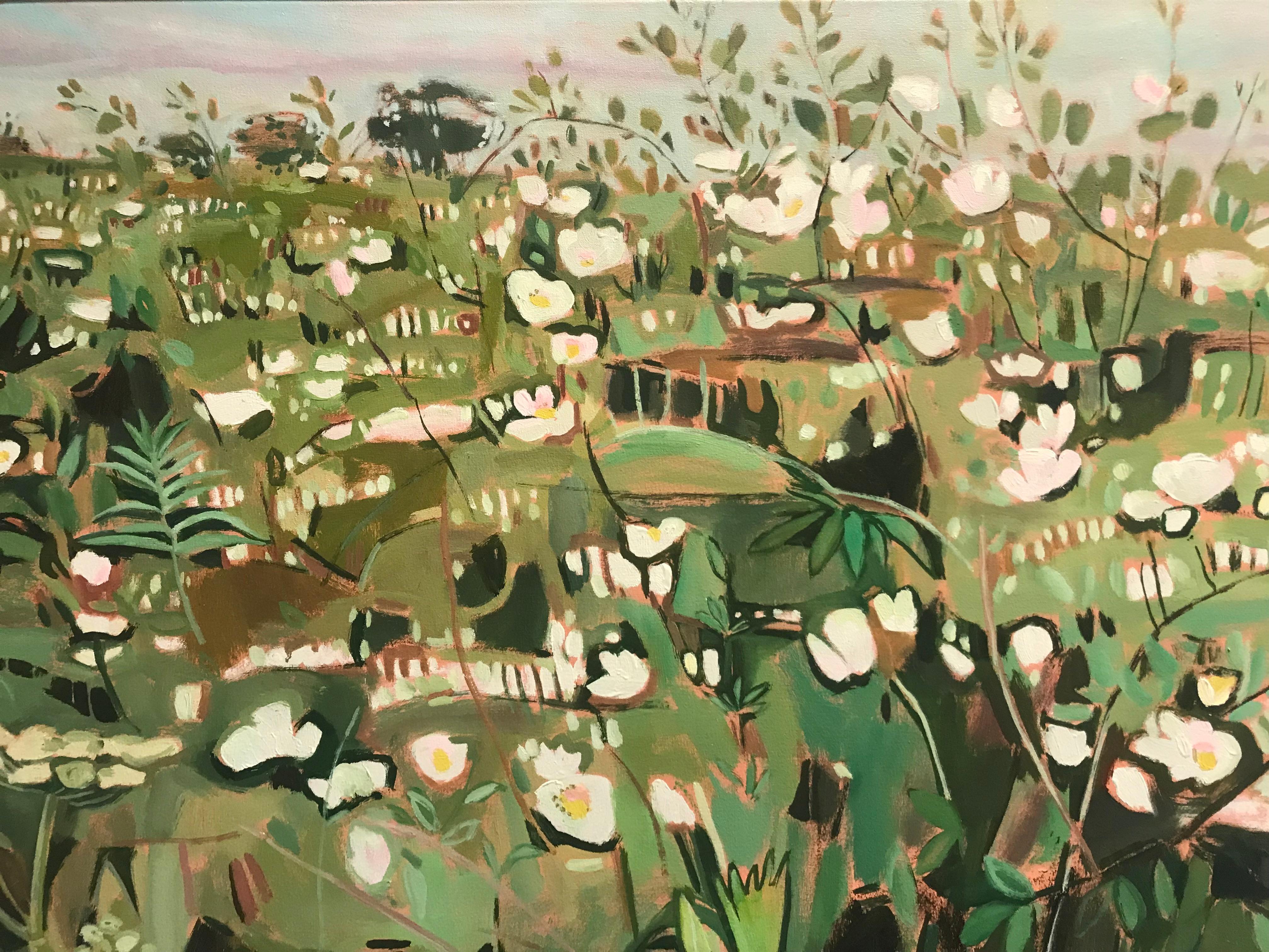 Hedgerow with Dog Roses 1, prairie florale, art abstrait, peinture originale en vente 10