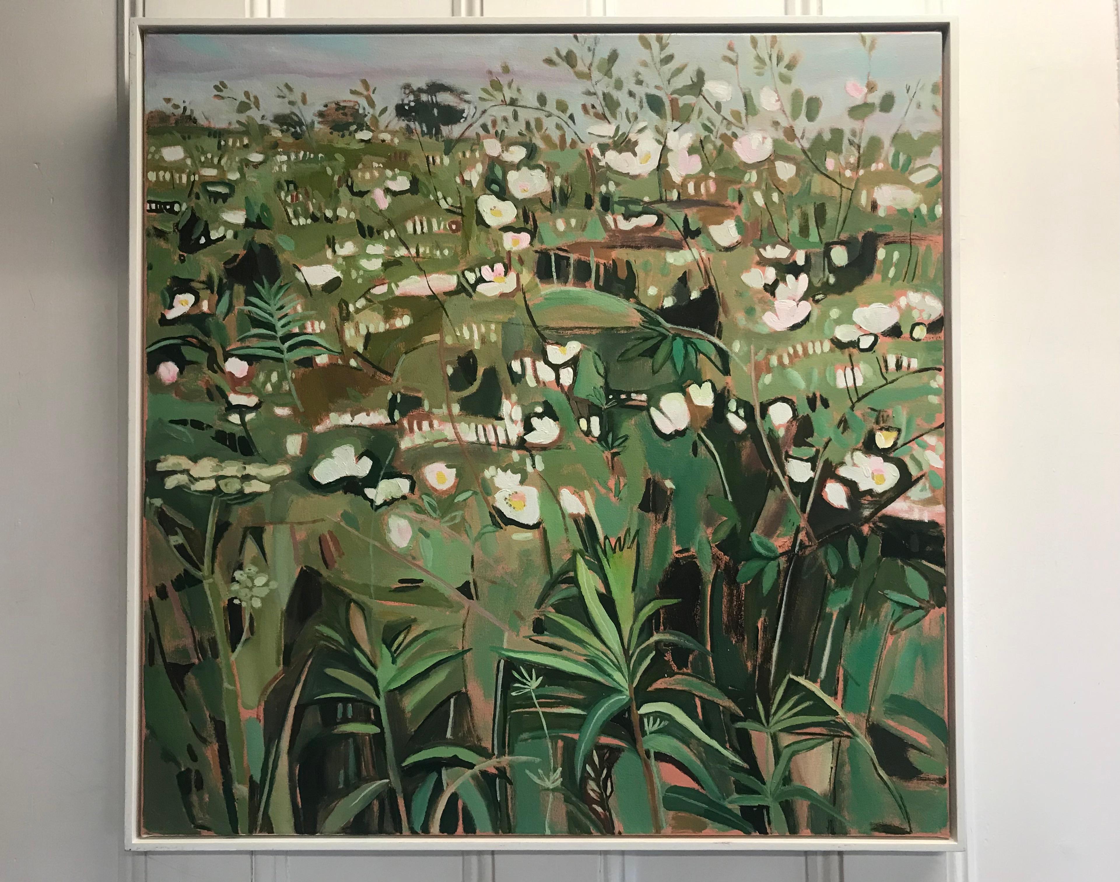 Hedgerow with Dog Roses 1, prairie florale, art abstrait, peinture originale - Abstrait Painting par Elaine Kazimierczuk