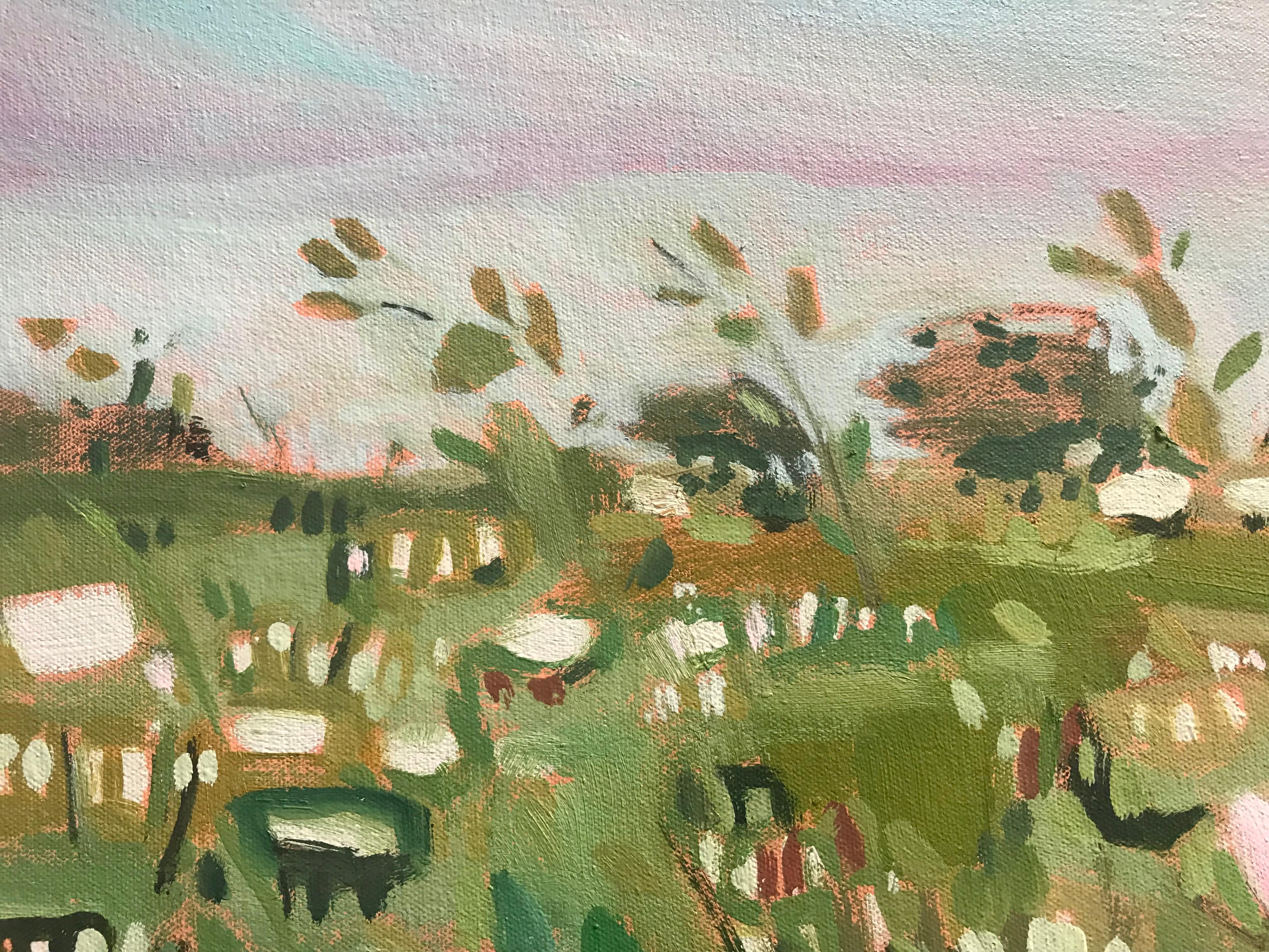 Hedgerow with Dog Roses 1, prairie florale, art abstrait, peinture originale - Noir Landscape Painting par Elaine Kazimierczuk