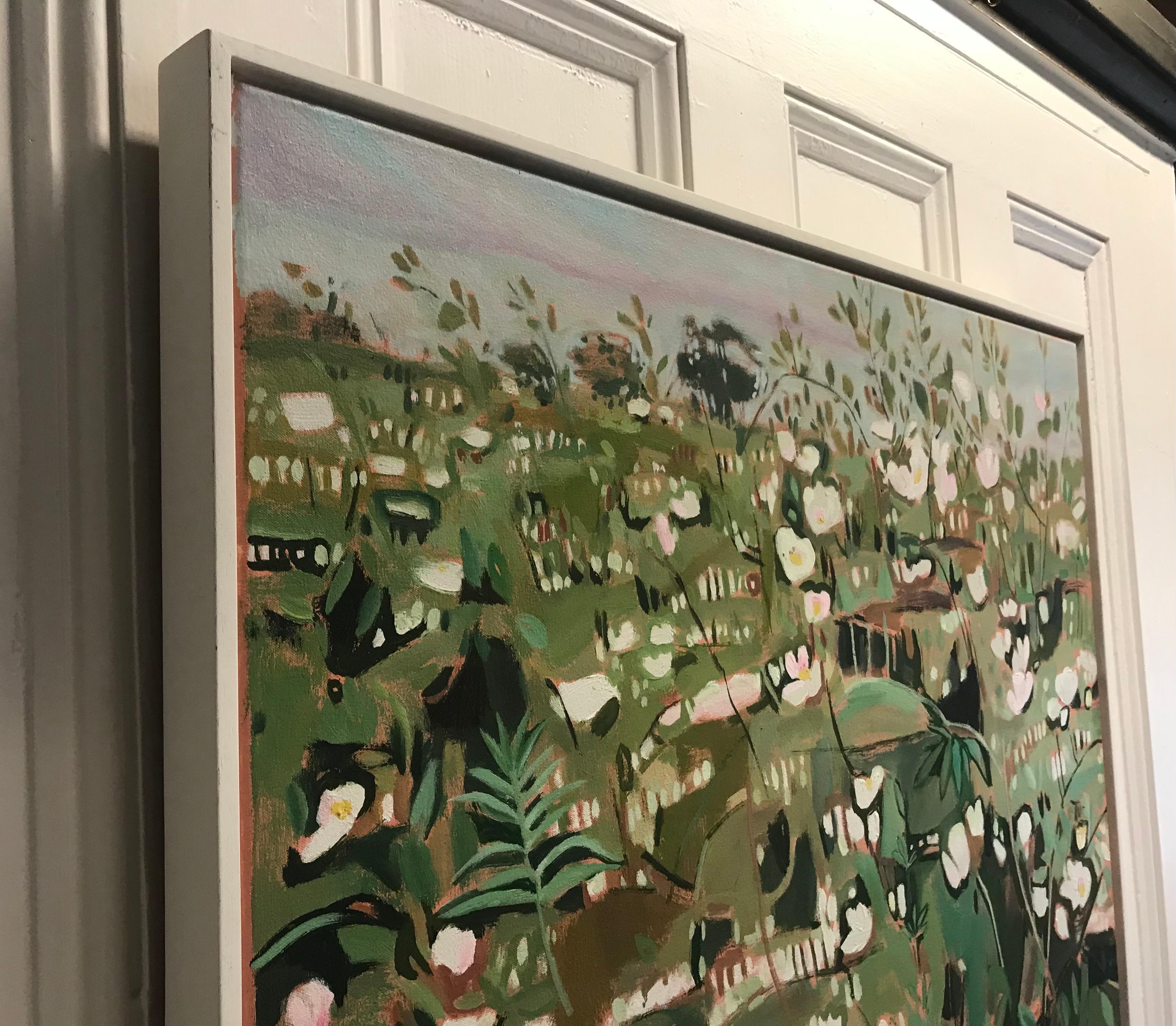 Hedgerow with Dog Roses 1, prairie florale, art abstrait, peinture originale en vente 2