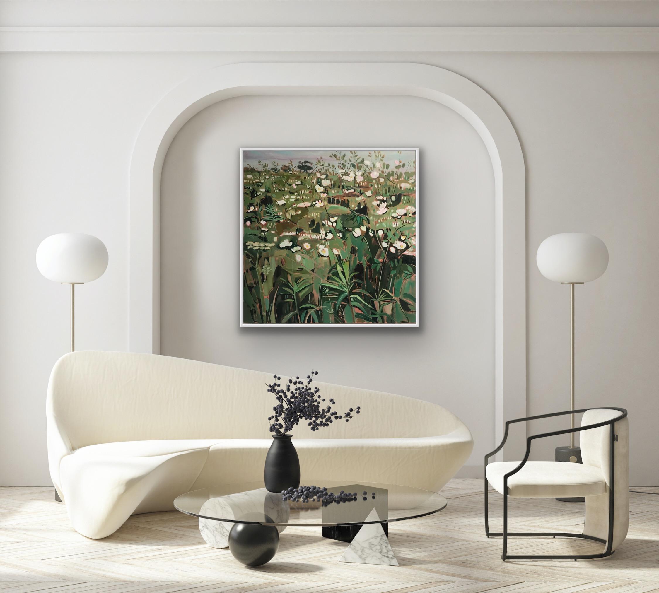 Hedgerow with Dog Roses 1, prairie florale, art abstrait, peinture originale en vente 3