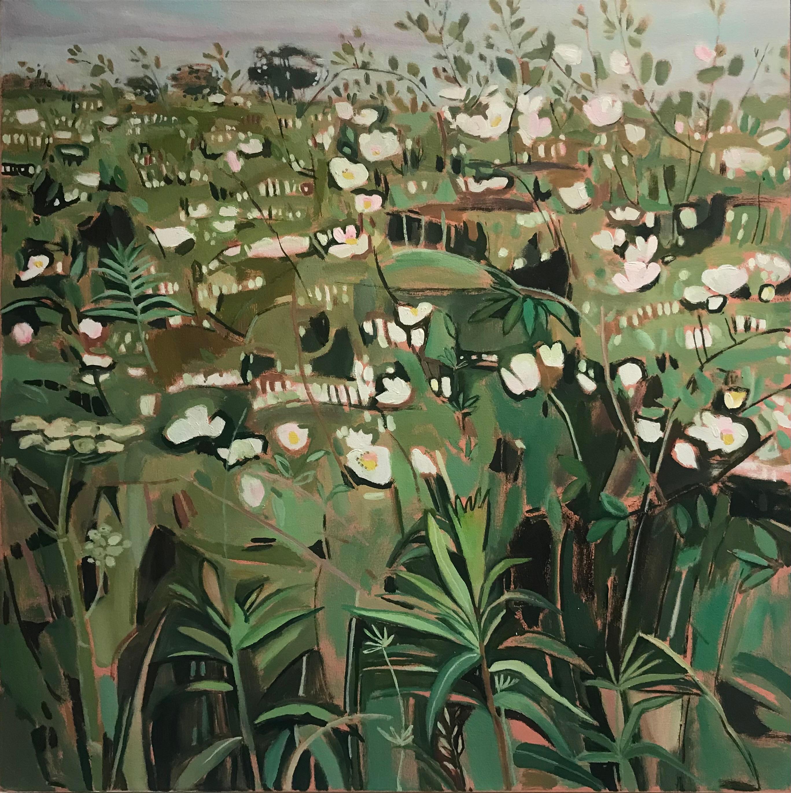 Landscape Painting Elaine Kazimierczuk - Hedgerow with Dog Roses 1, prairie florale, art abstrait, peinture originale