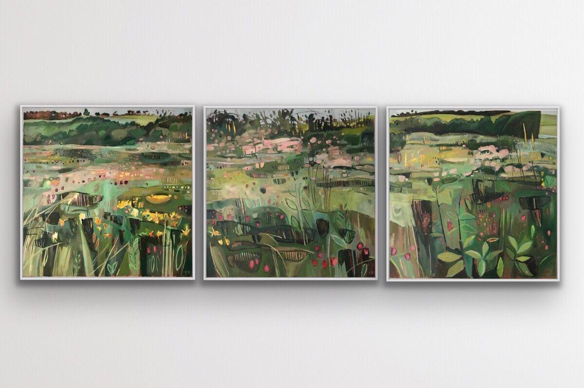 Tackley Triptychon Revisited, Acrylfarbe auf Leinwand, Abstrakt, Landschaft, Blumenmuster – Painting von Elaine Kazimierczuk