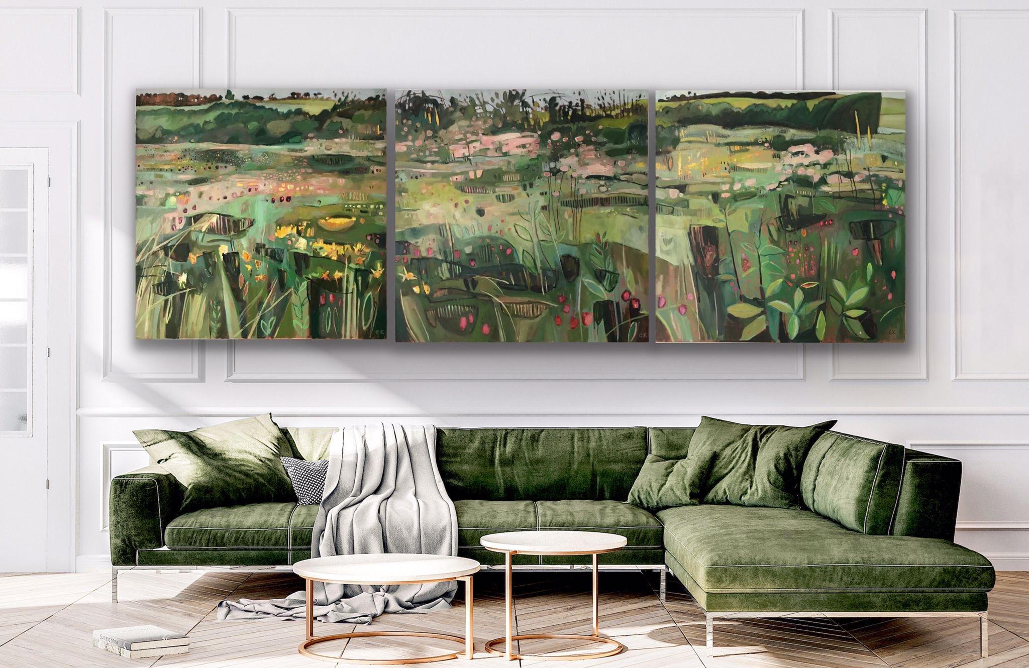 Tackley Triptychon Revisited, Acrylfarbe auf Leinwand, Abstrakt, Landschaft, Blumenmuster (Braun), Landscape Painting, von Elaine Kazimierczuk